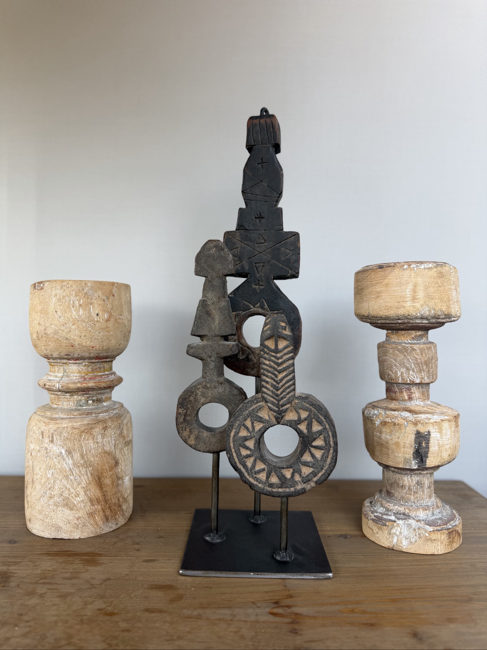 Rustic Boho Wooden Sculptures and Abstract Stand Set