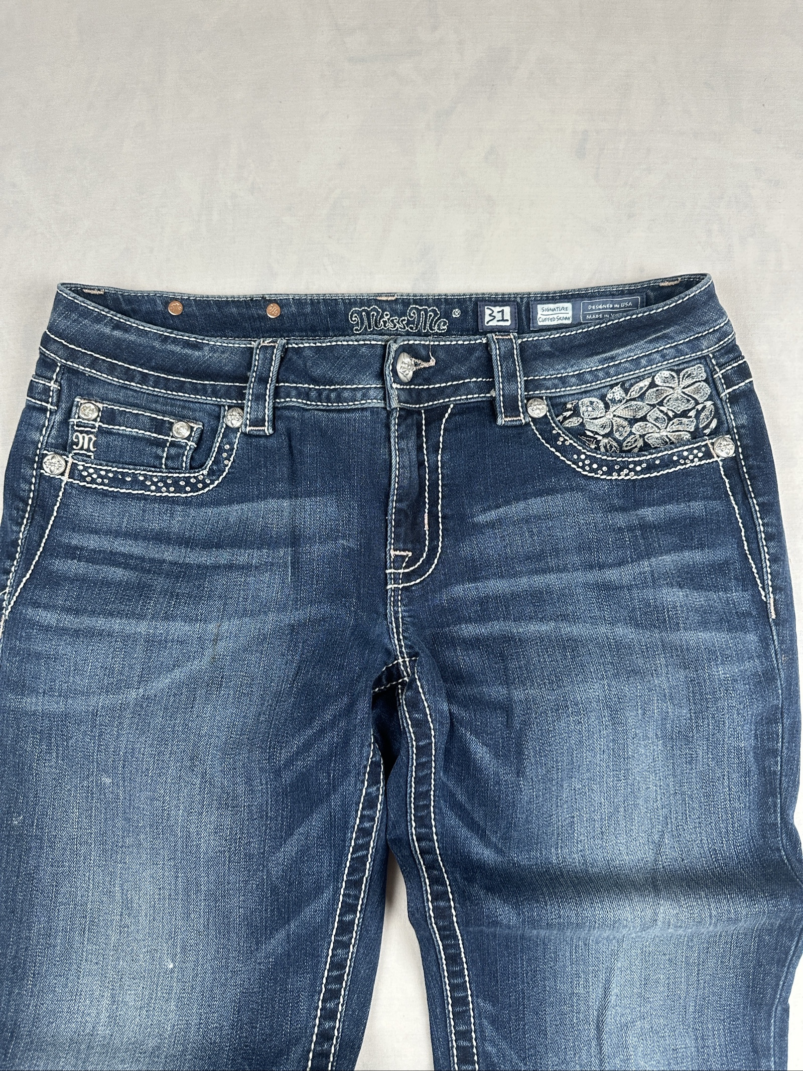 Miss Me Blue Embroidered Cuffed Skinny Jeans 31 Waist image 2