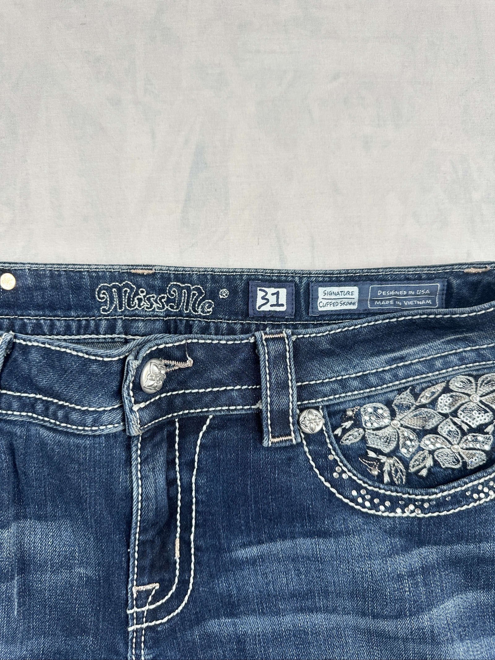 Miss Me Blue Embroidered Cuffed Skinny Jeans 31 Waist image 3