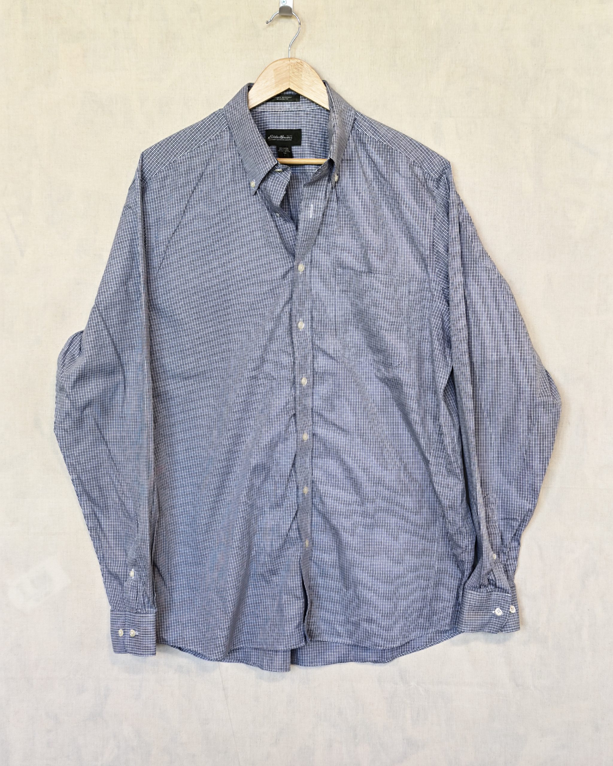 Eddie Bauer Blue & White Check Relaxed Fit Cotton Shirt Large Tall