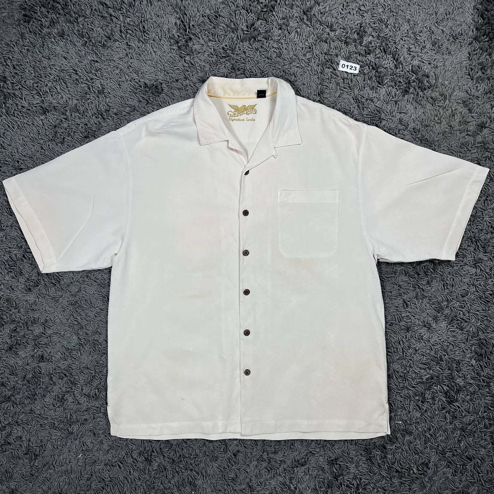 Eagle of Wool Cream Silk Button-Up Shirt XL Large Pocket Short Sleeve