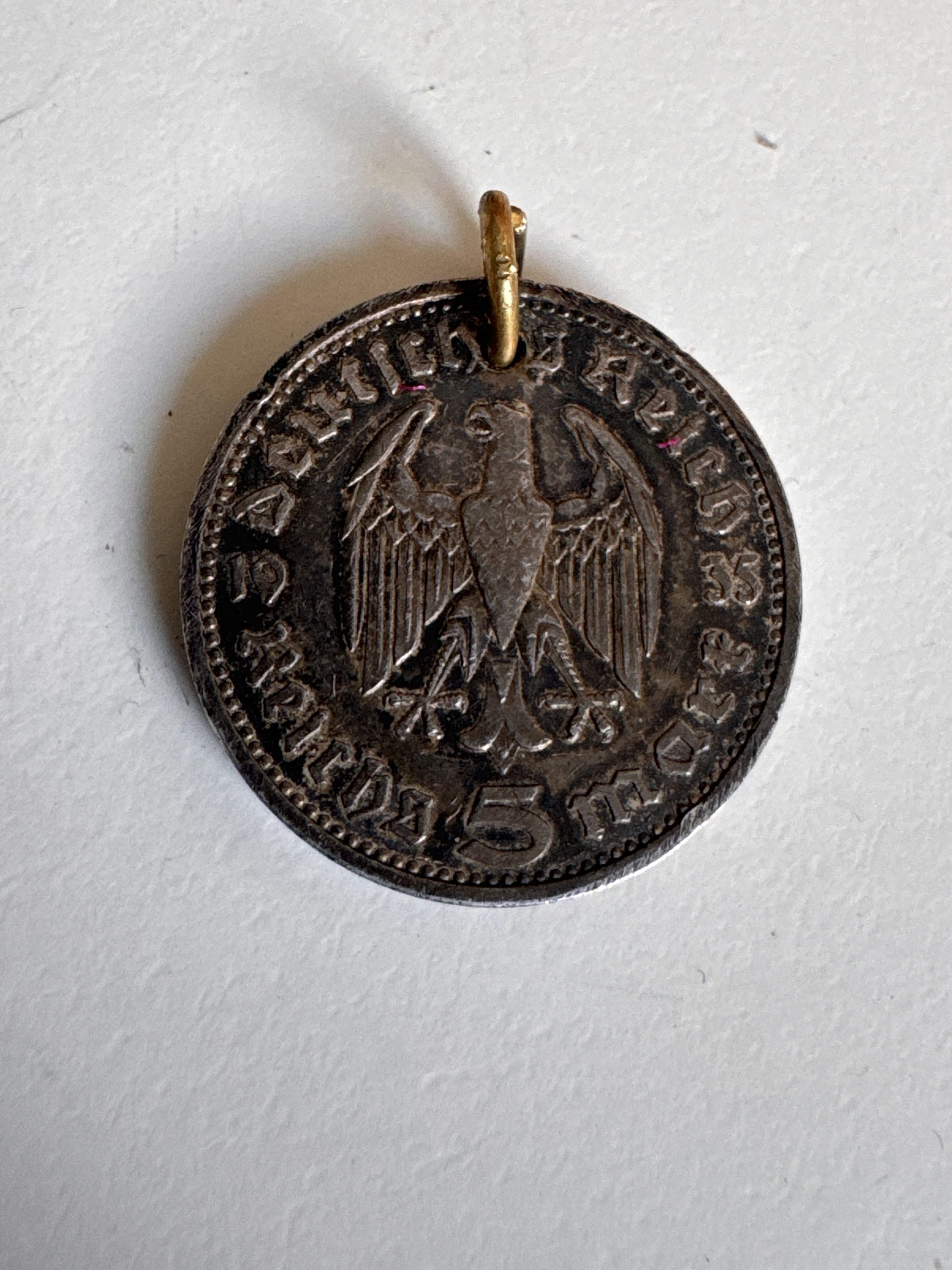 Vintage German 5 Reichspfennig Coin Pendant Silver Tone Extra2