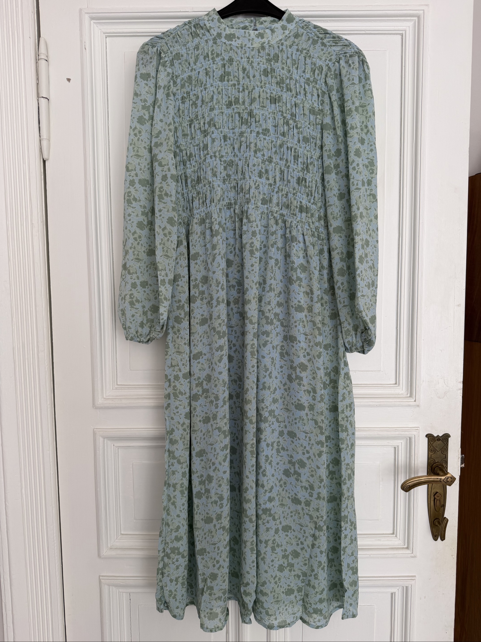 MSCH Blue & Green Floral Midi Dress Medium Smocked