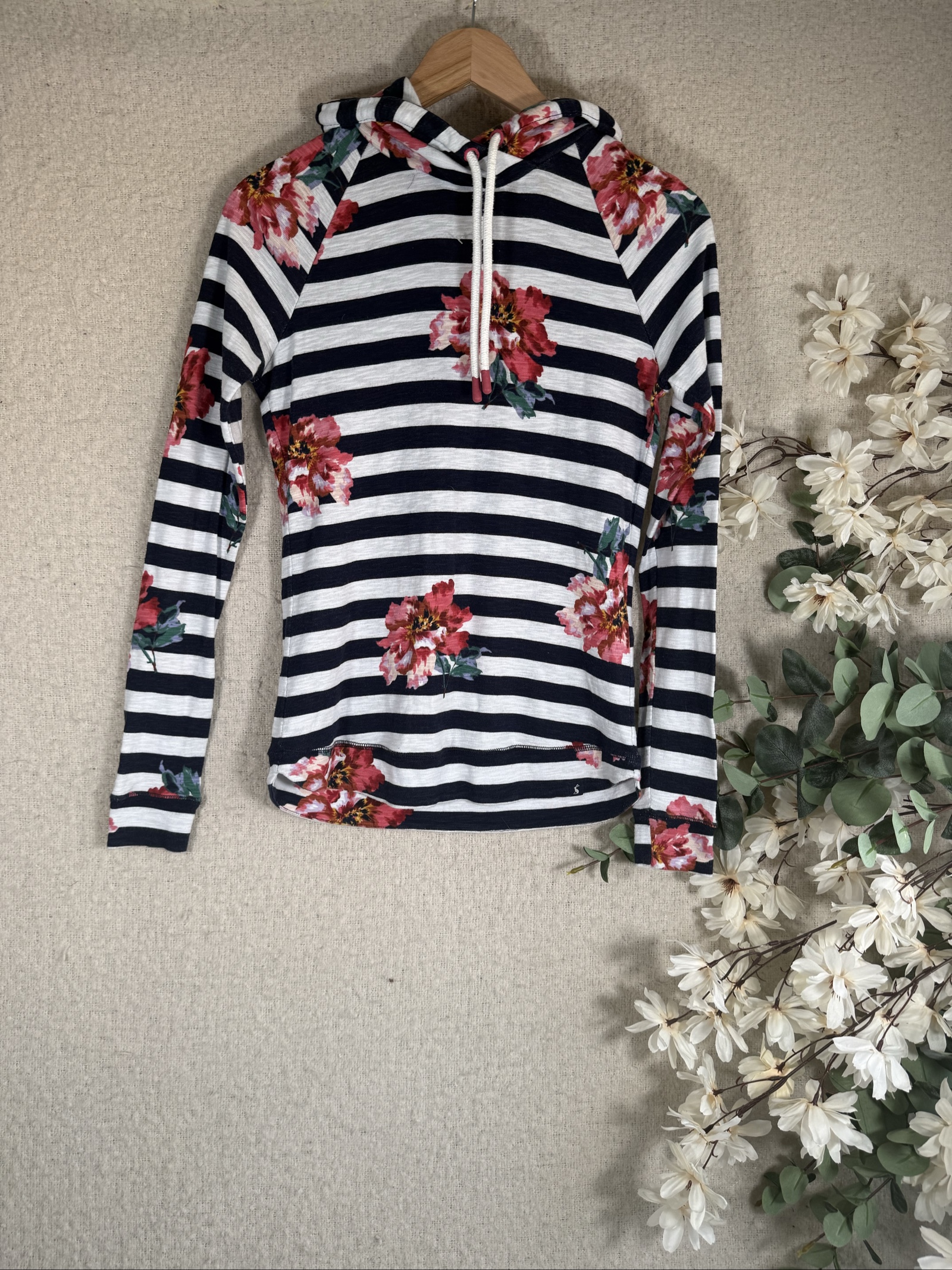Joules Navy & White Floral Stripe Hoodie UK 10 Lightweight Casual Sweatshirt