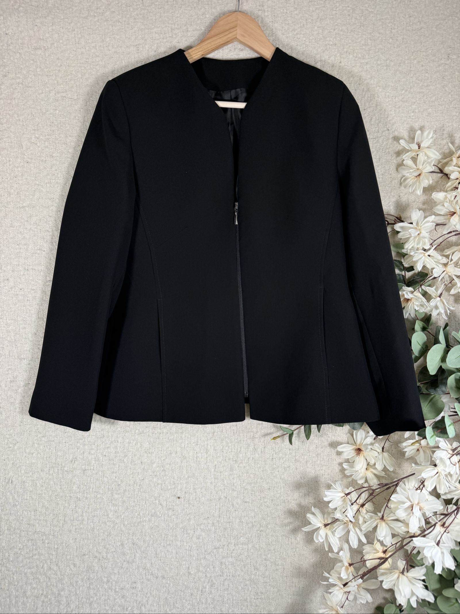Black Zip Up Classic Lightweight Jacket UK 12 Polyester Formal Chic