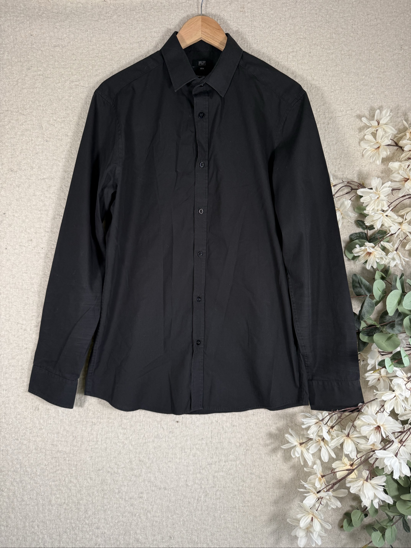 F&F Black Tailored Fit Shirt UK 15.5 Classic Long Sleeve Button Down