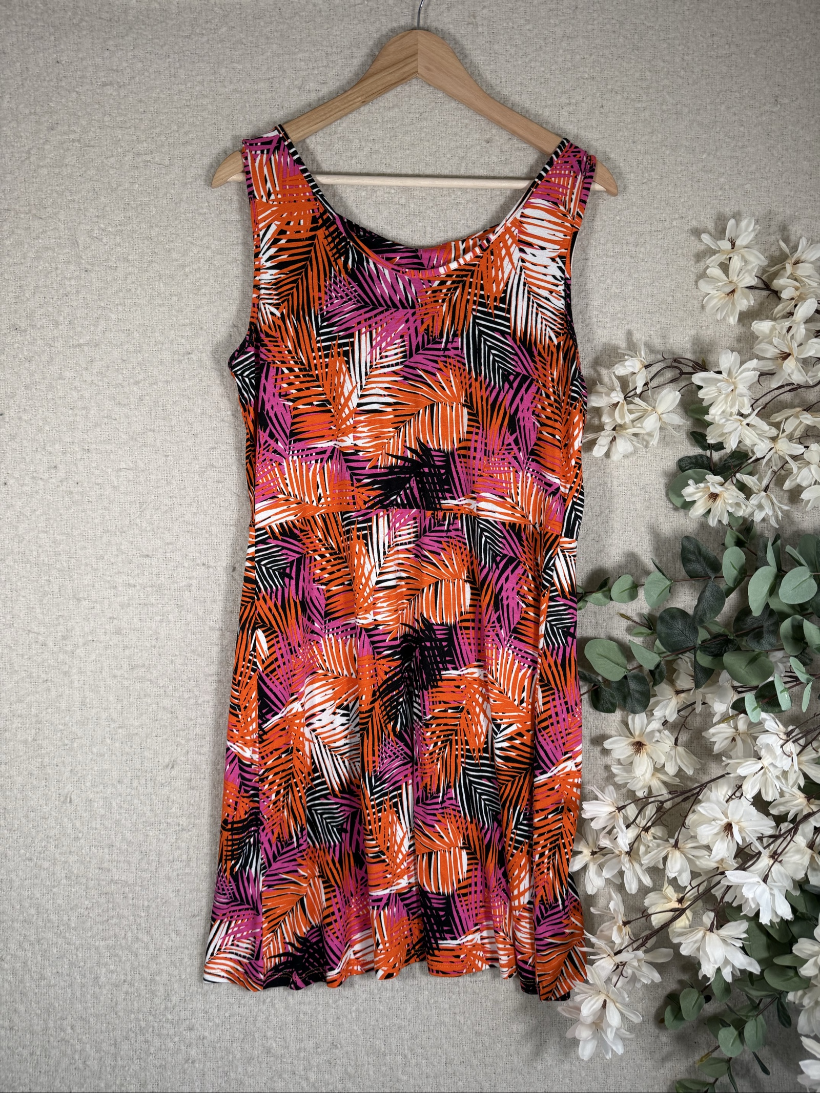 George Multi Leaf Print Summer Dress UK 12-14 Casual Sleeveless