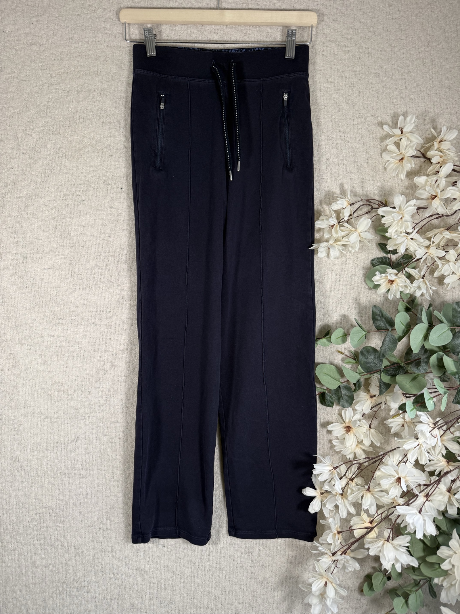M&S Navy Blue Women's Stretch Cotton Blend Trousers UK 10 Short Length