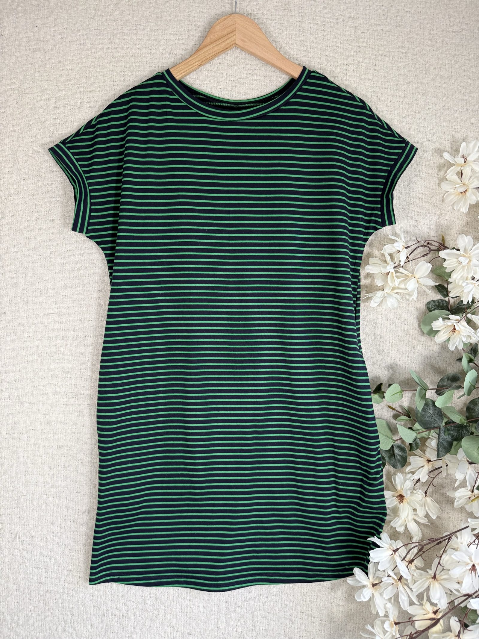 Shein Green & Navy Striped Casual Short Sleeve T-Shirt Dress UK XS