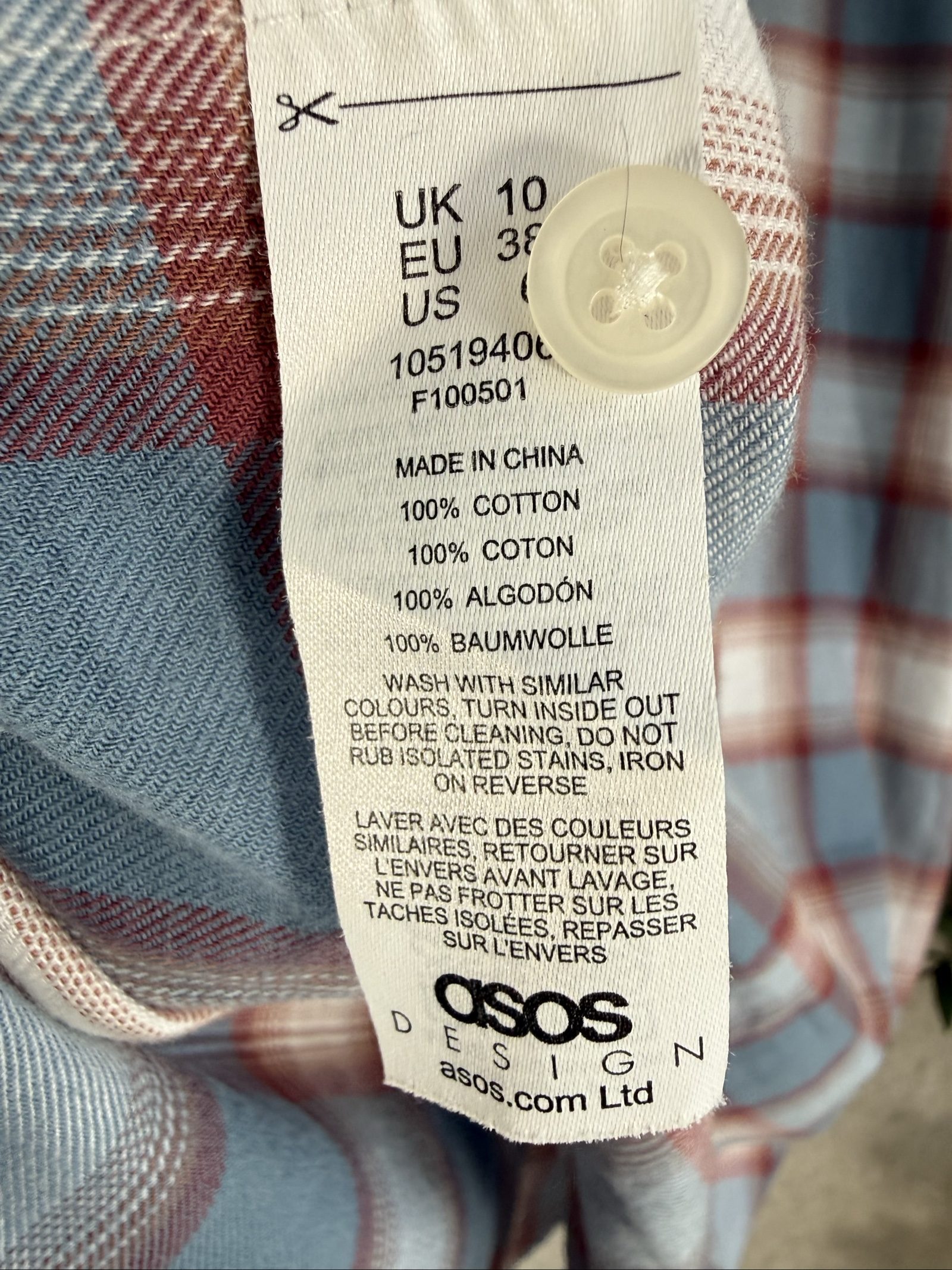 ASOS Blue & Red Checked Cotton Shirt UK 10 Classic Casual Long Sleeve Shirt image 5