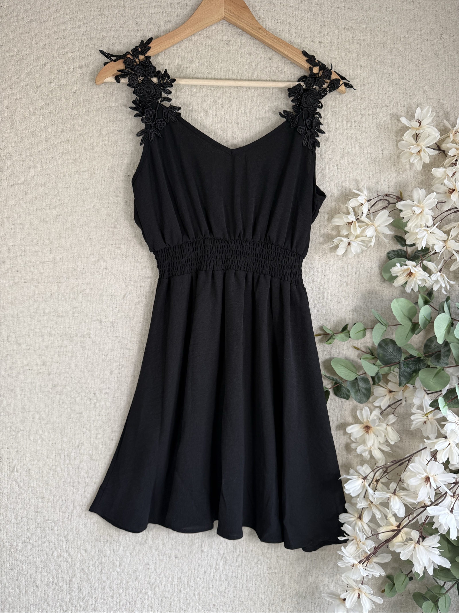 SHEIN Black Summer Dress UK 8 Floral Applique Straps Elastic Waist