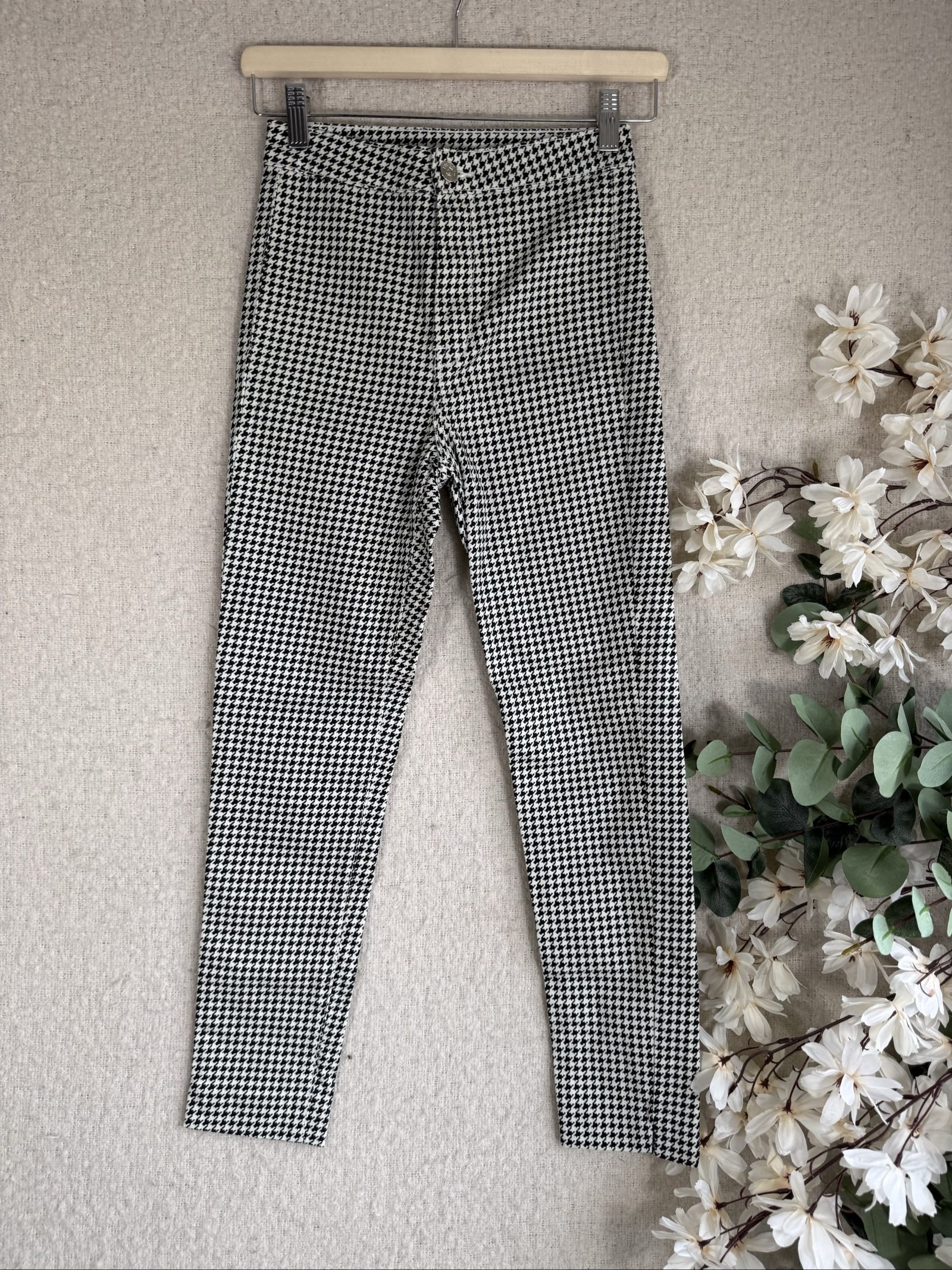 H&M Black & White High Waist Houndstooth Skinny Jeans UK 6 Slim Fit