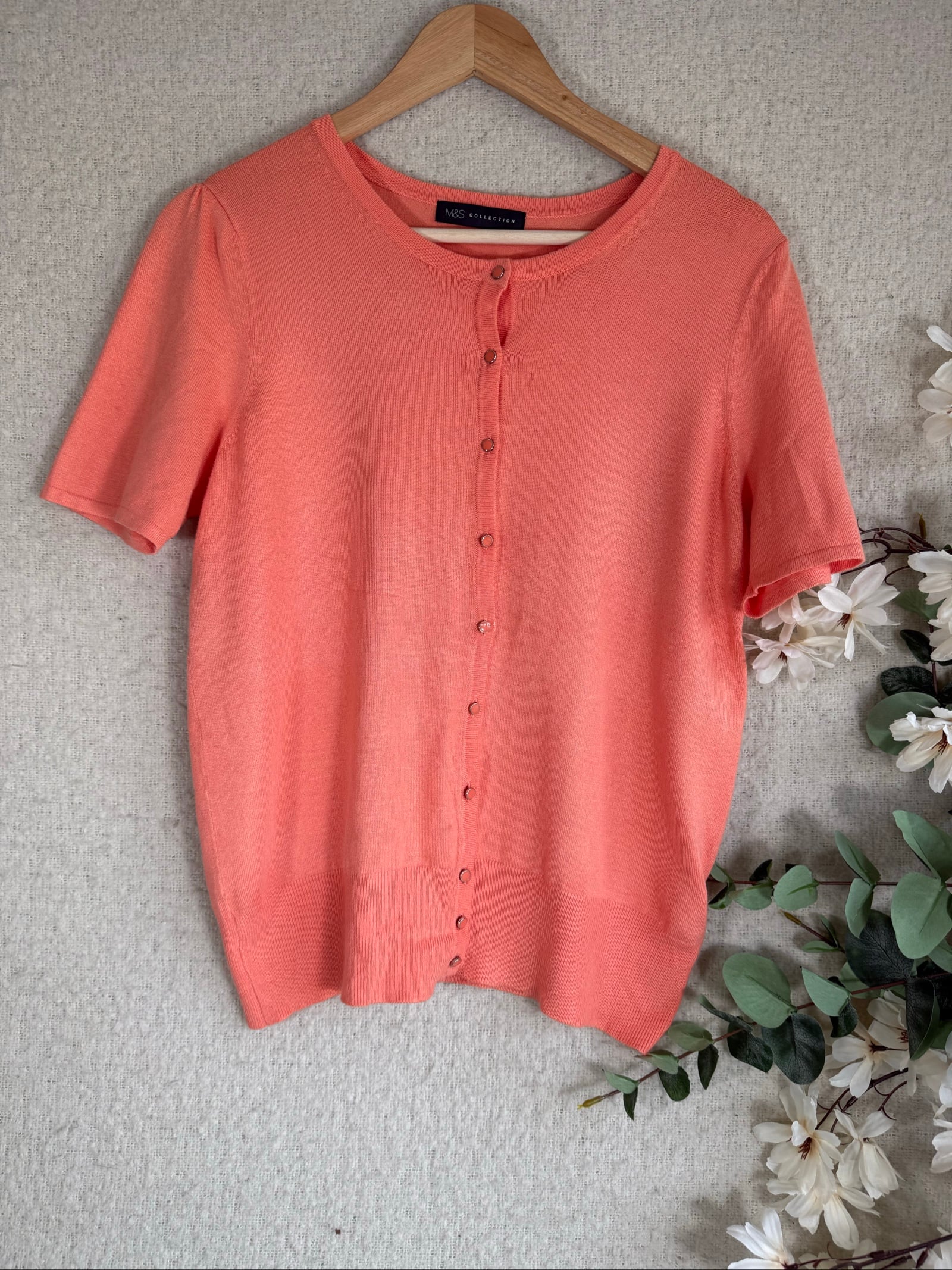 M&S Coral Pink Short Sleeve Button Cardigan UK 14 Lightweight Knit Top