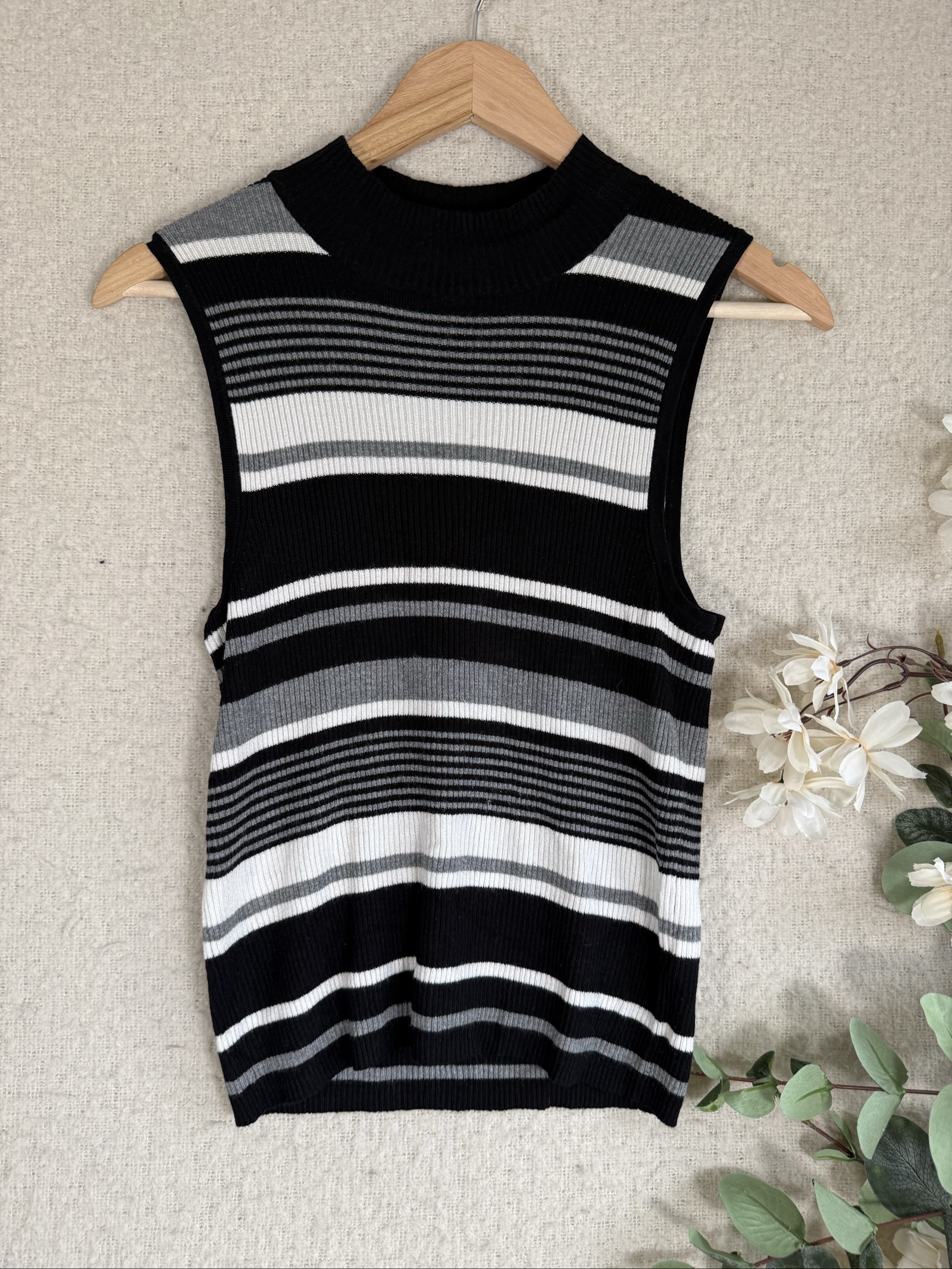 Atmosphere Black Grey White Stripe Sleeveless Knit Jumper Vest UK 12