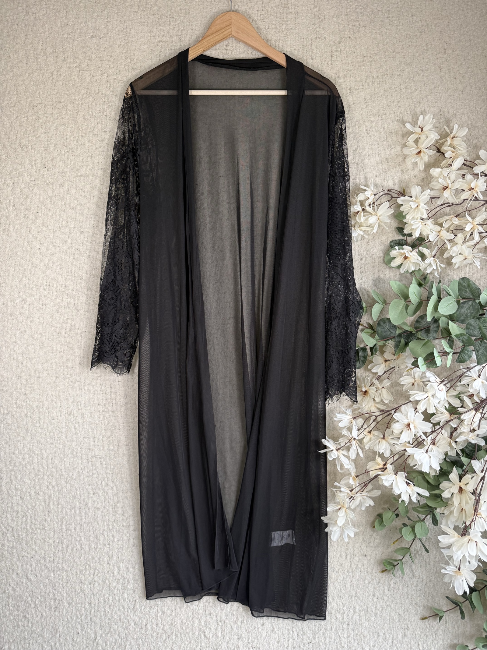 2XL Black Lace Sleeve Sheer Mesh Kimono Cardigan Lightweight Cover Up