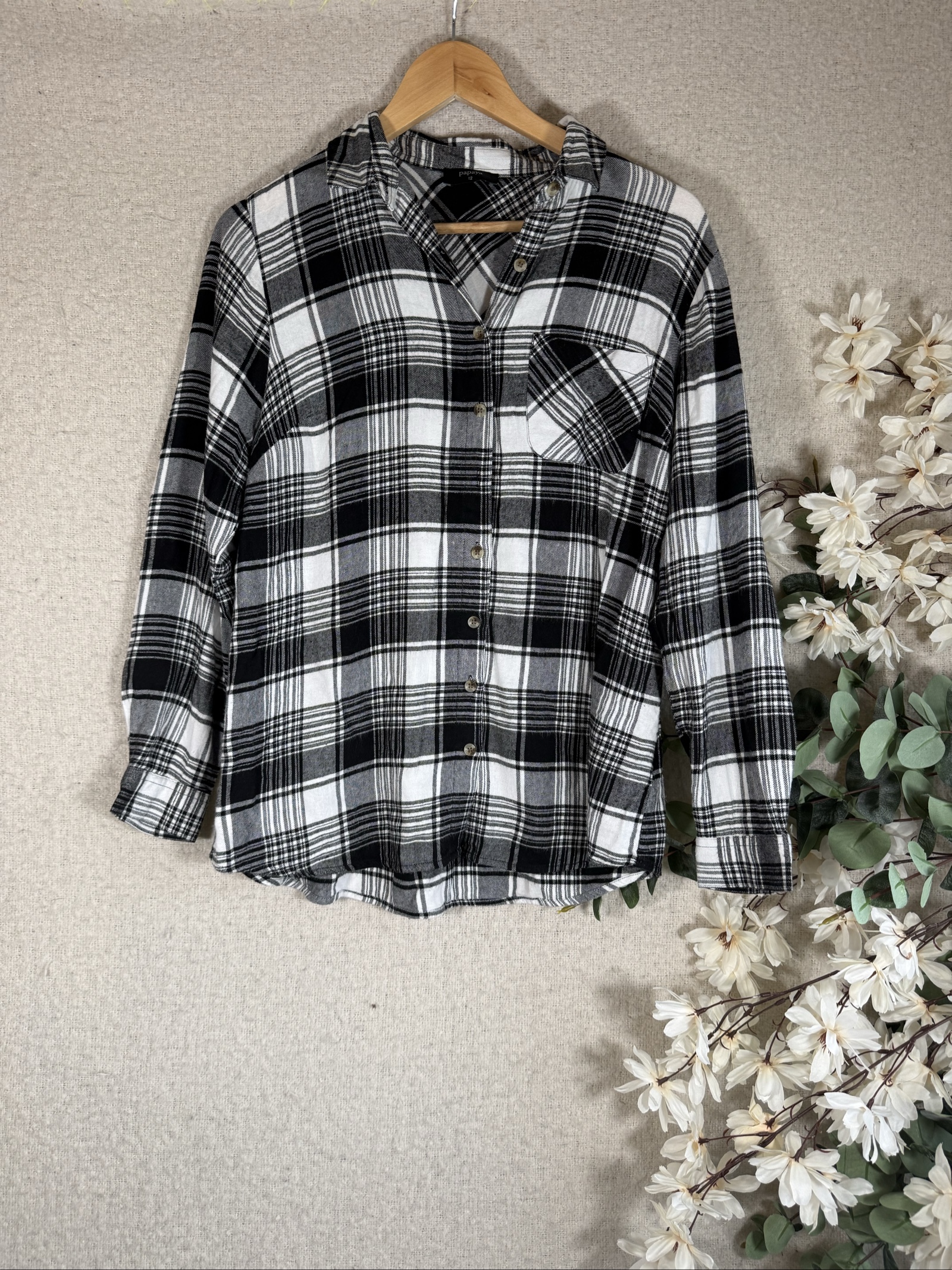 Papaya Black & White Checked Casual Shirt Blouse UK 12 Soft Flannel