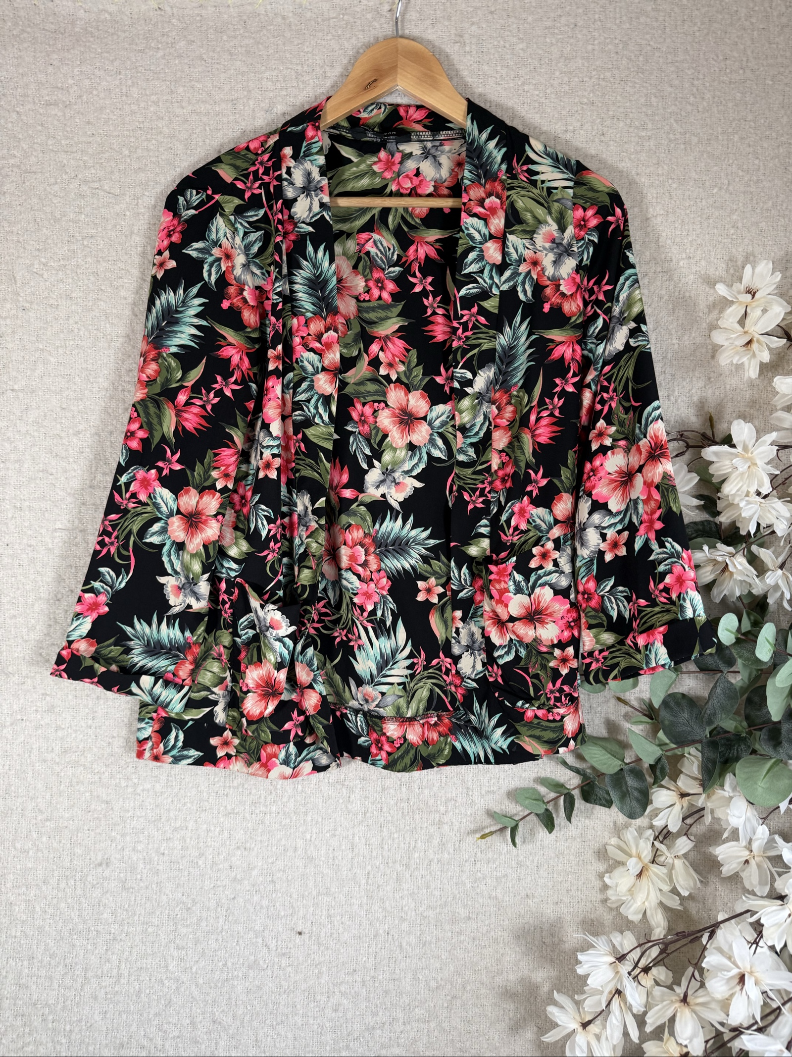 New Look Black Floral Kimono Jacket Women's UK 12 Lightweight Cover-Up
