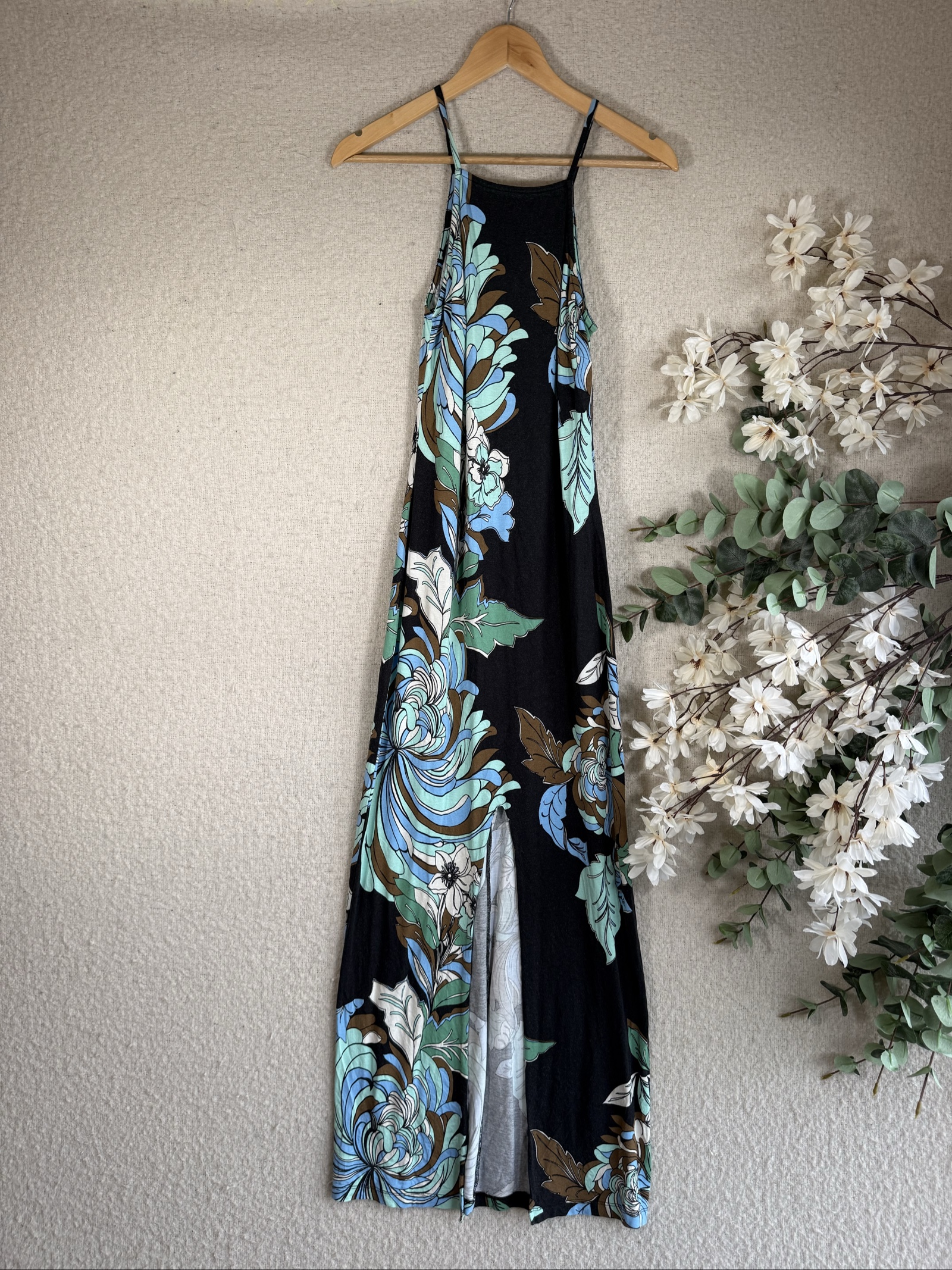 Miss Selfridge Black Floral Maxi Dress UK 12 Sleeveless Summer Occasion