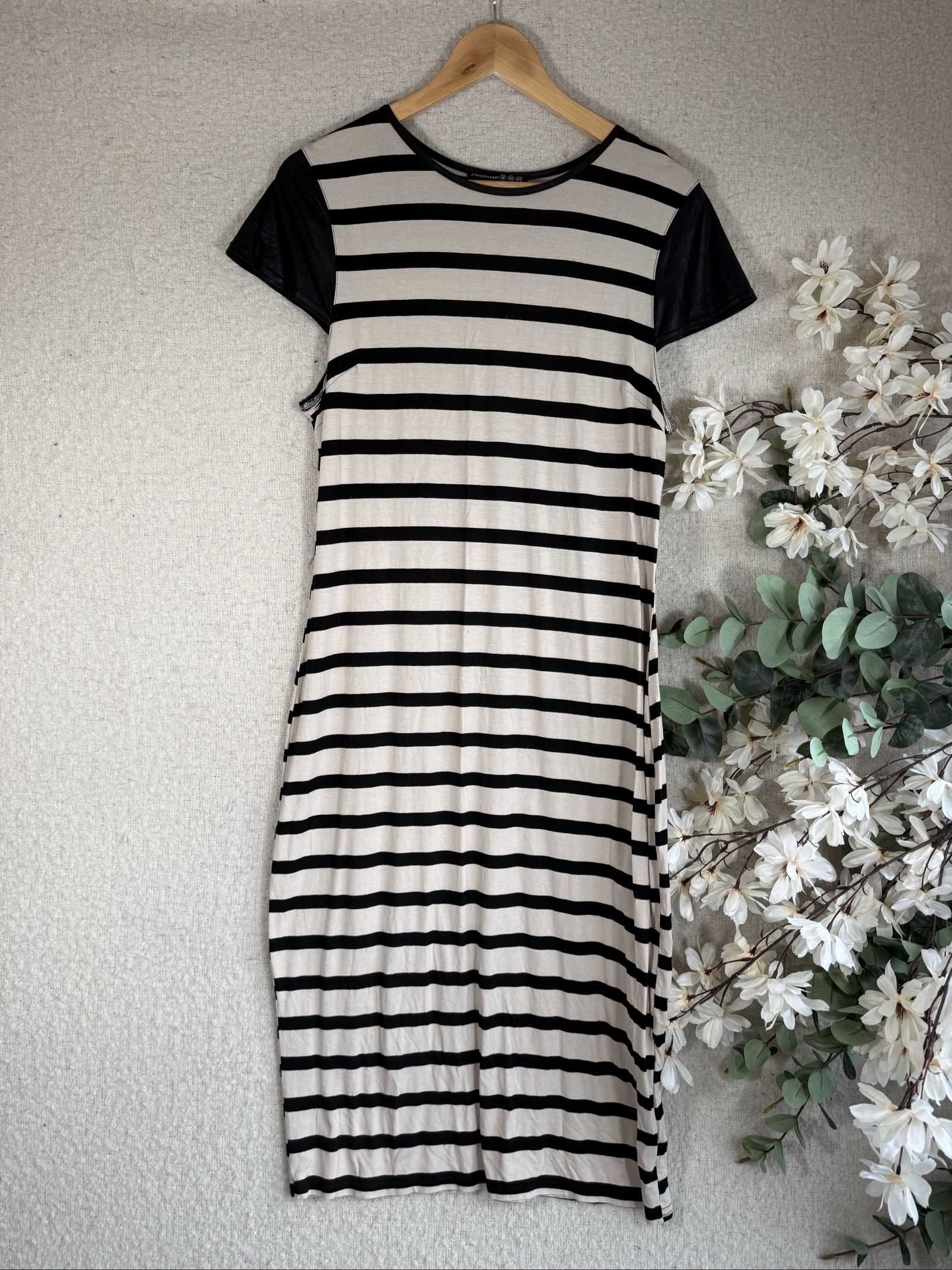 Atmosphere Black & White Stripe Midi Dress UK 18 Sheer Sleeve Casual Chic