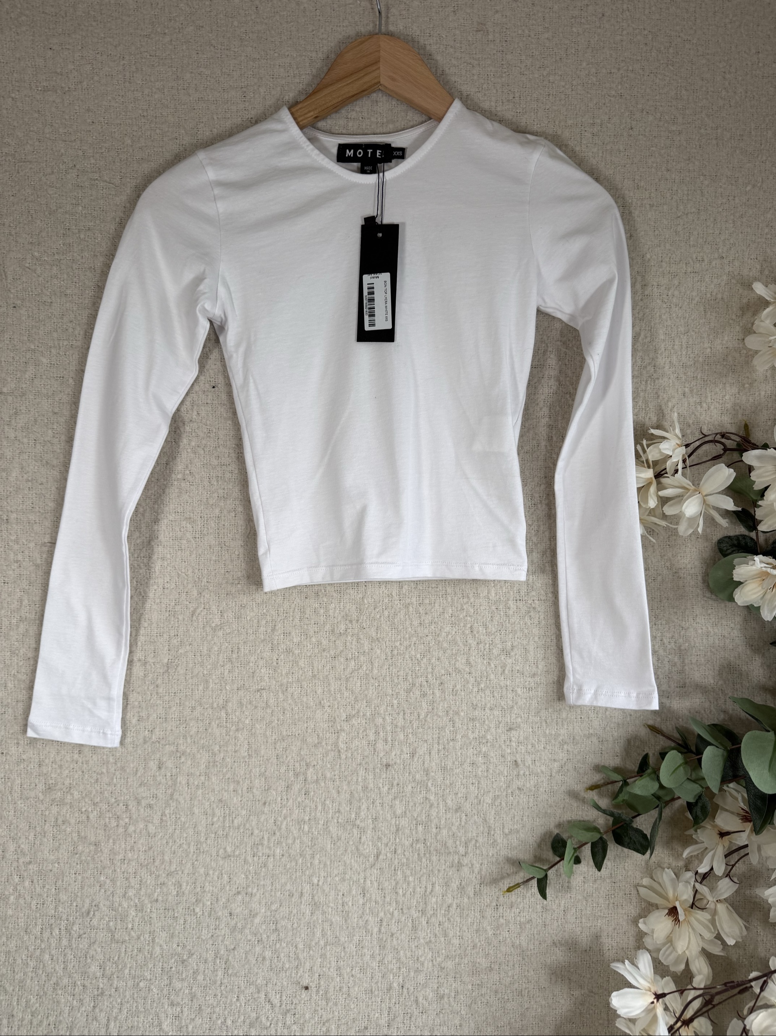 Motel White Long Sleeve Cotton Top UK XXS Stretchy Fitted Minimalist