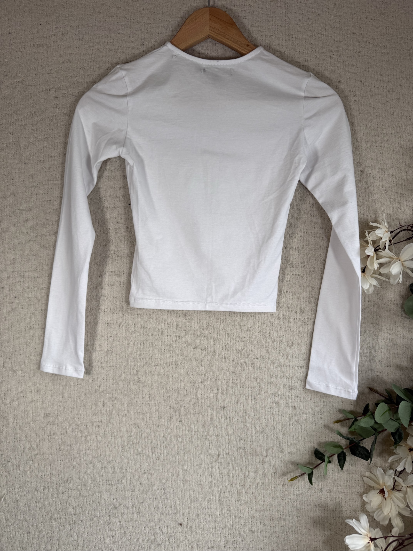 Motel White Long Sleeve Cotton Top UK XXS Stretchy Fitted Minimalist image 4