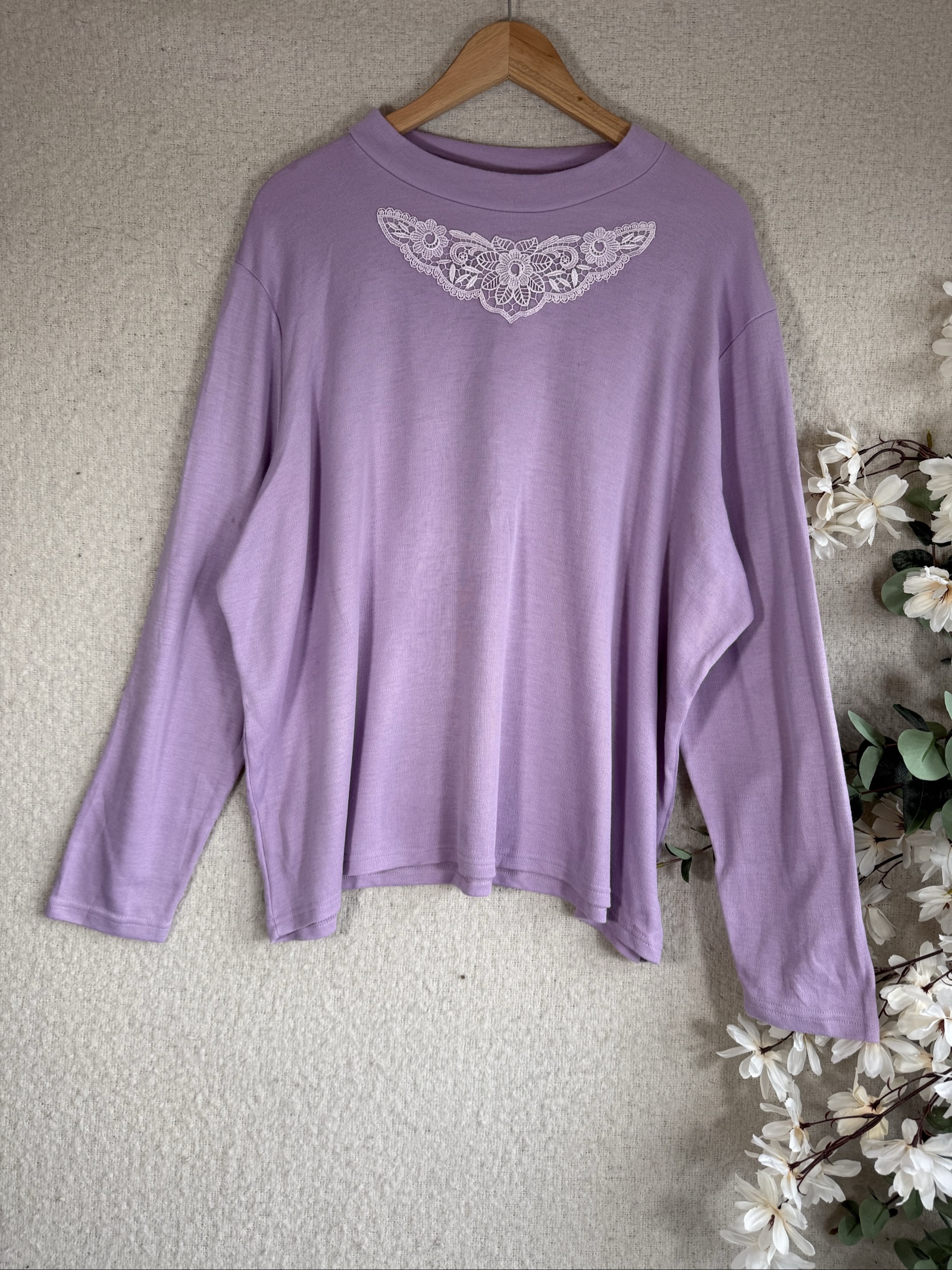 Daxon Purple Long Sleeve Top UK 14 Lace Detail Oversized Casual