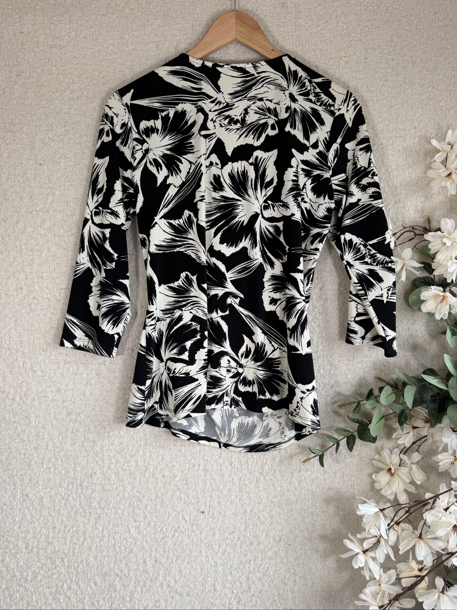 Papaya Black & White Floral Wrap Top UK 14 3/4 Sleeve Zip Detail image 5