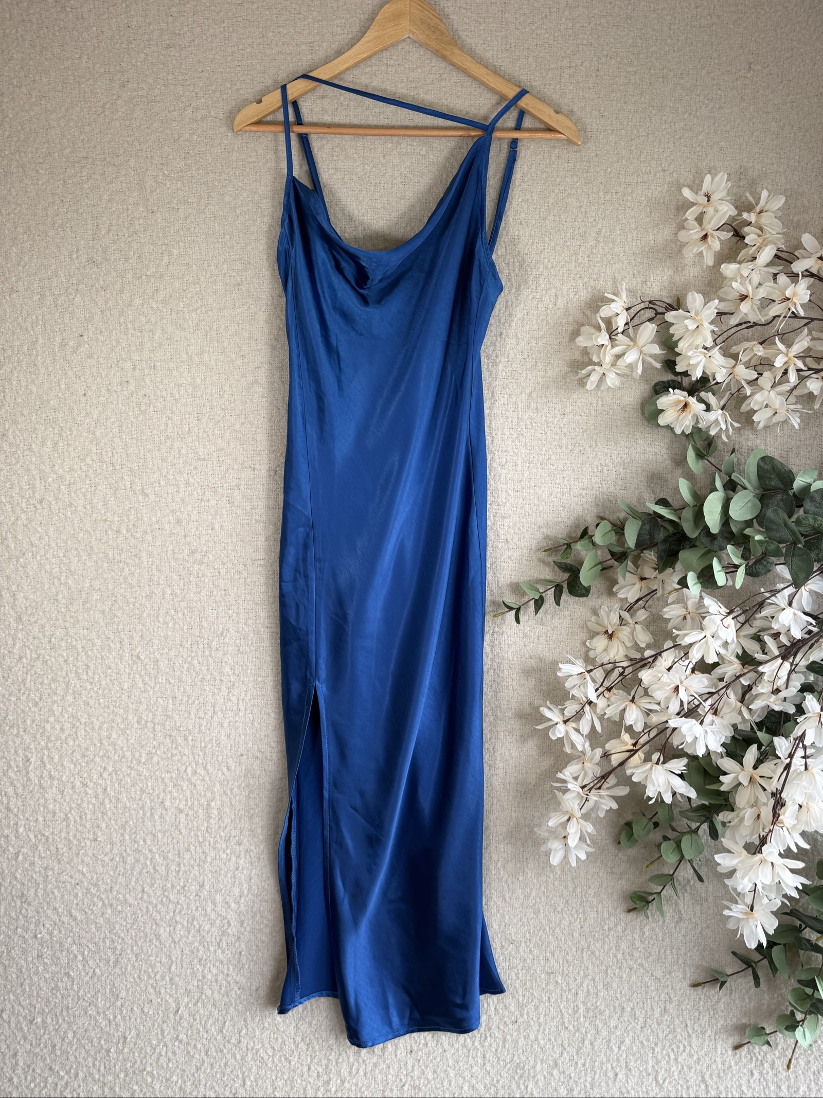 Motel Blue Satin Slip Dress XS Adjustable Straps Side Split Chic Trendy