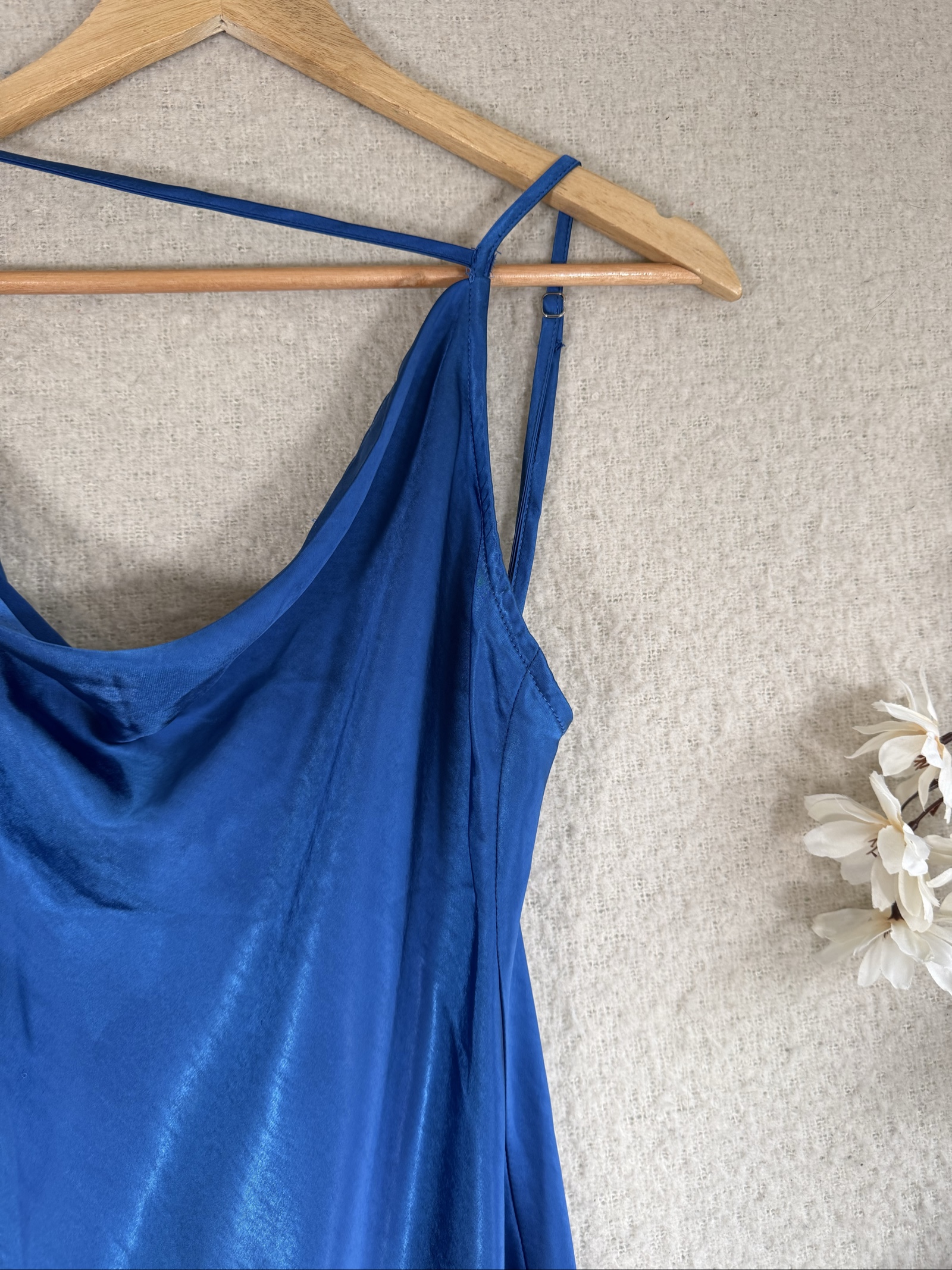 Motel Blue Satin Slip Dress XS Adjustable Straps Side Split Chic Trendy image 2