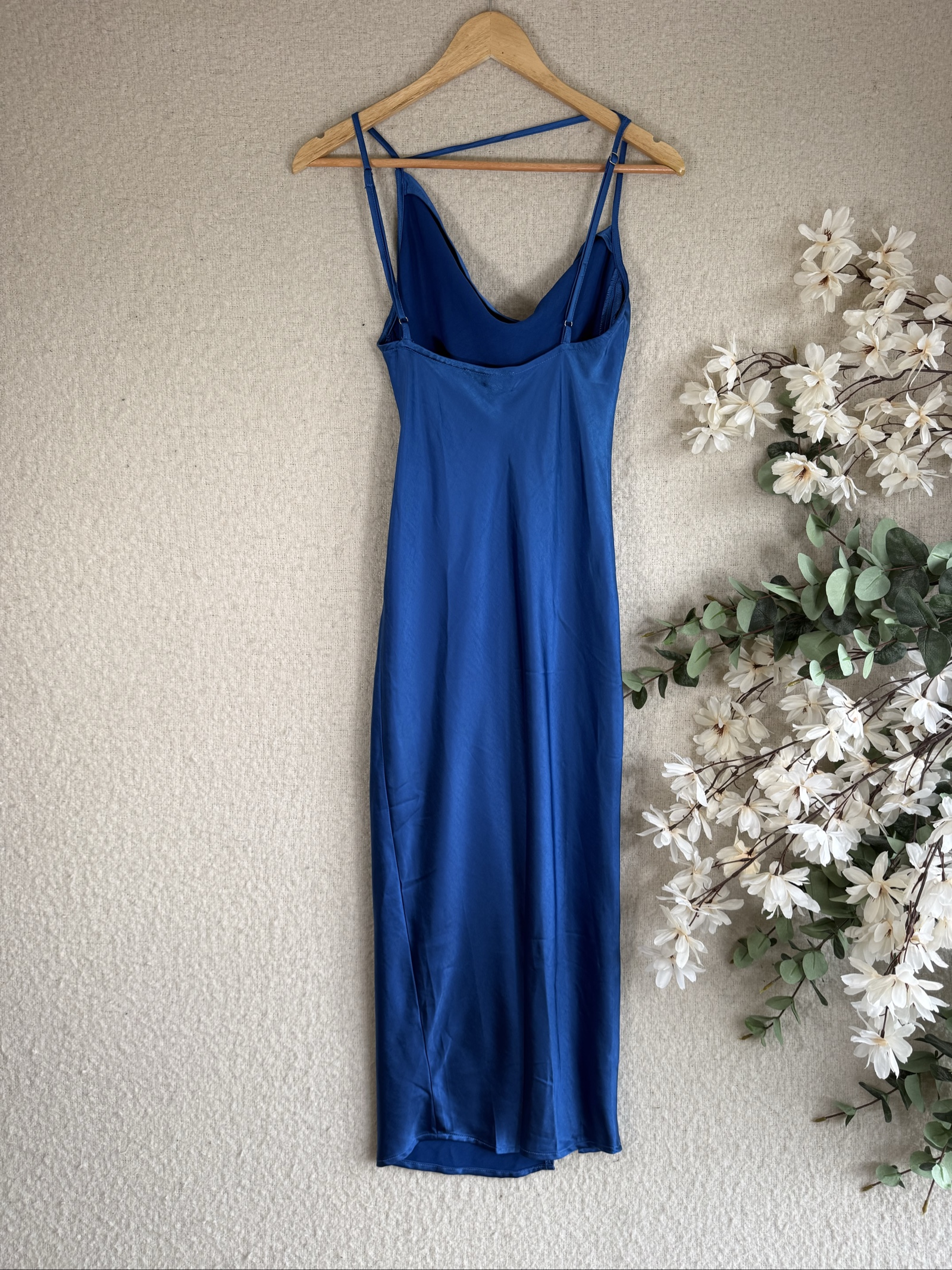Motel Blue Satin Slip Dress XS Adjustable Straps Side Split Chic Trendy image 4