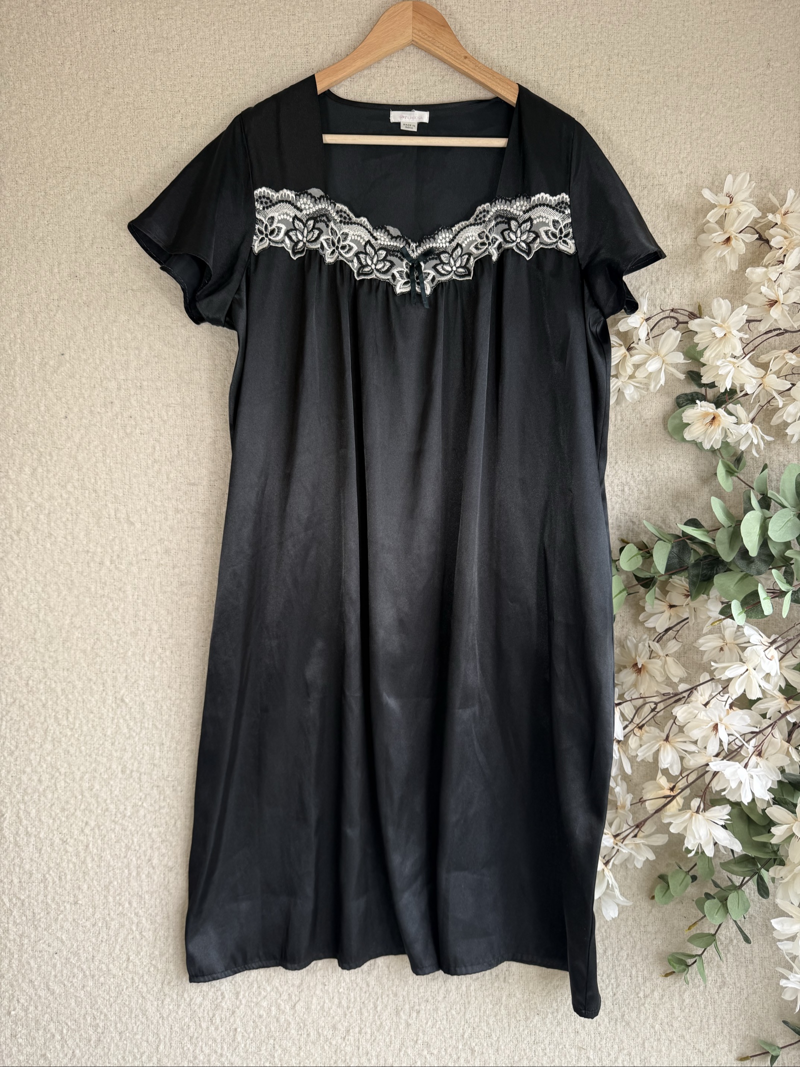 Miliarosa Black Satin Lace Trim Nightdress UK 20-22 Elegant Sleepwear