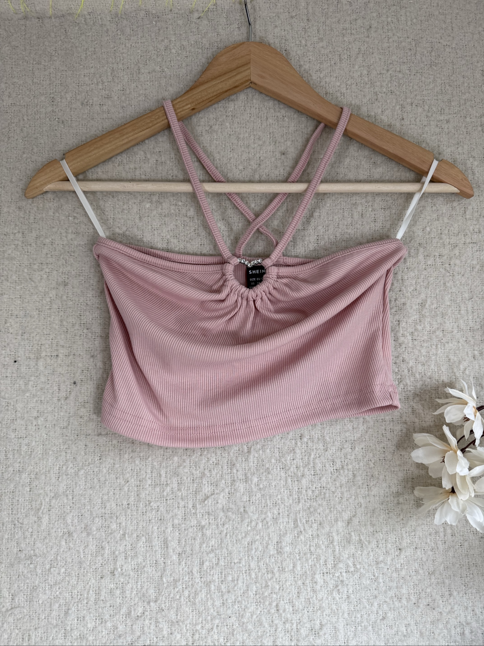 Shein Pink Ribbed Crop Top XS Strappy Summer Casual Style