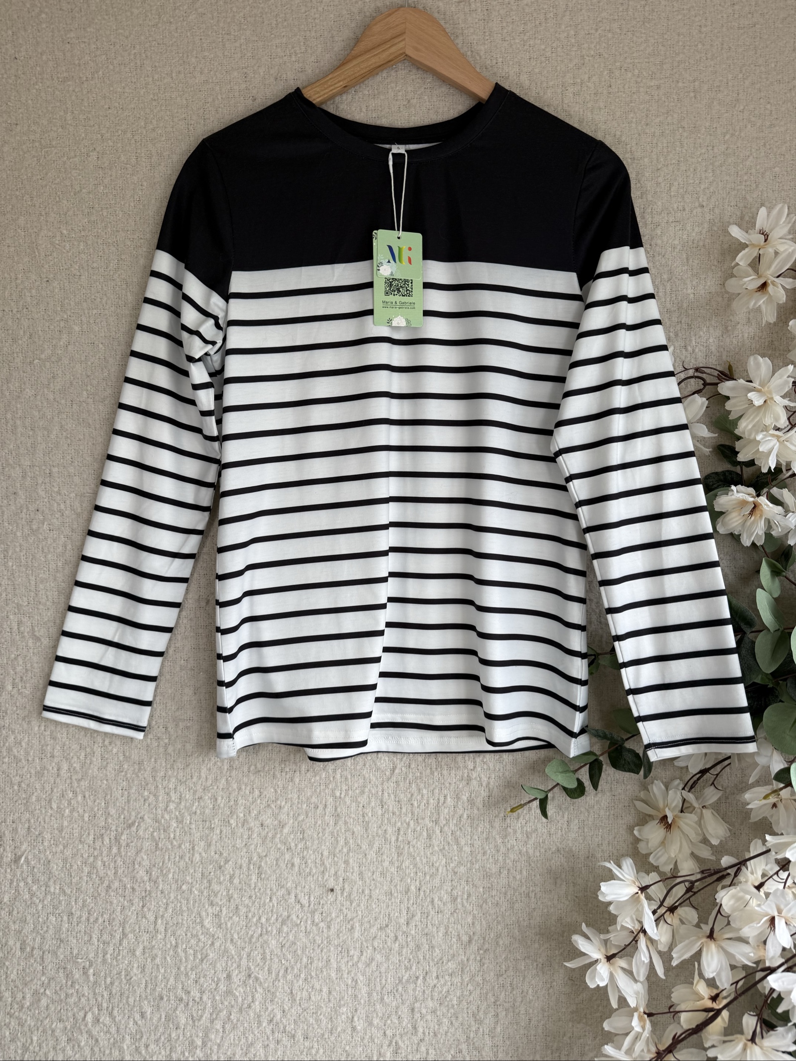 Maria & Gabriele Black & White Striped Long Sleeve Top UK Small Cotton Blend