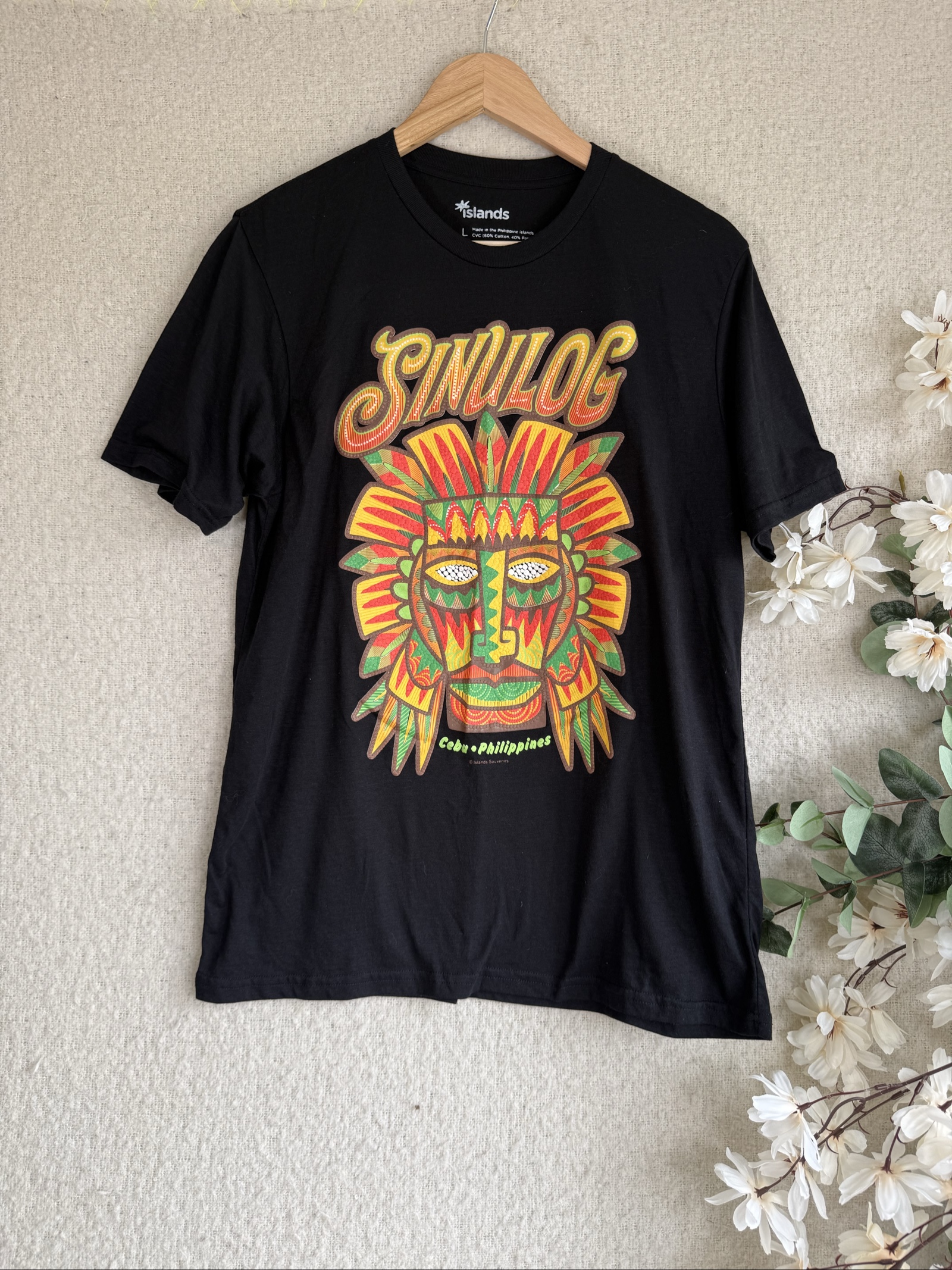Islands Black Sinulog Graphic T-Shirt Large Cotton Blend Festival Tee