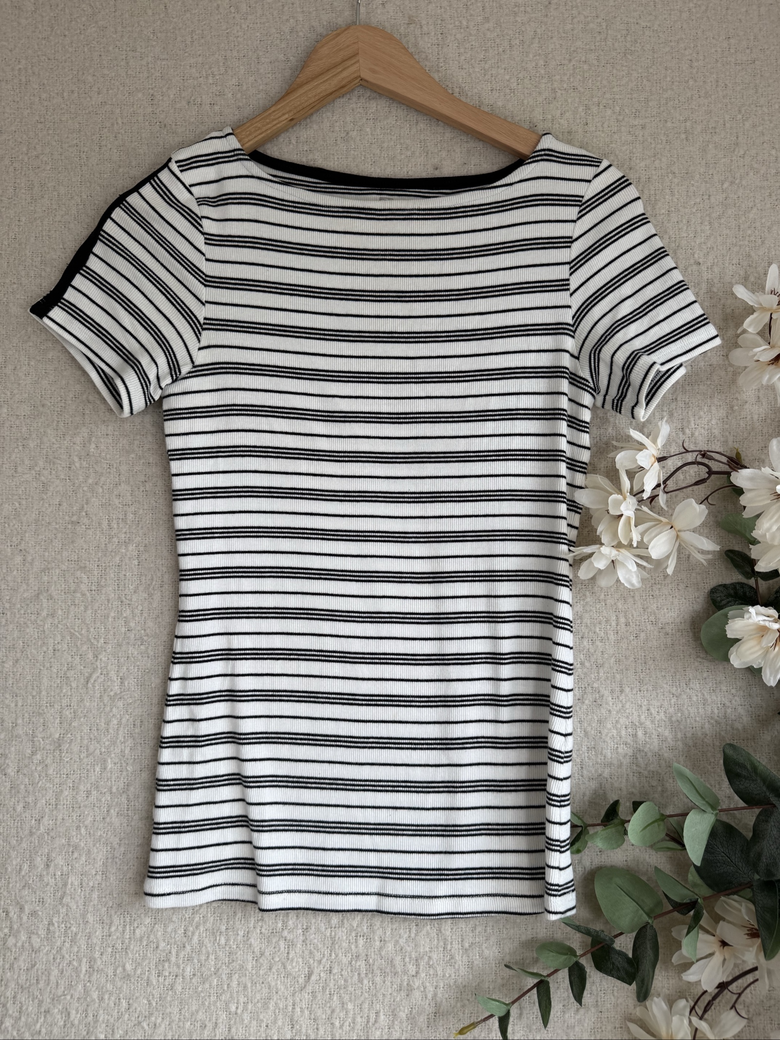 F&F Black & White Striped Ribbed Short Sleeve Top UK 10 Casual Chic Style