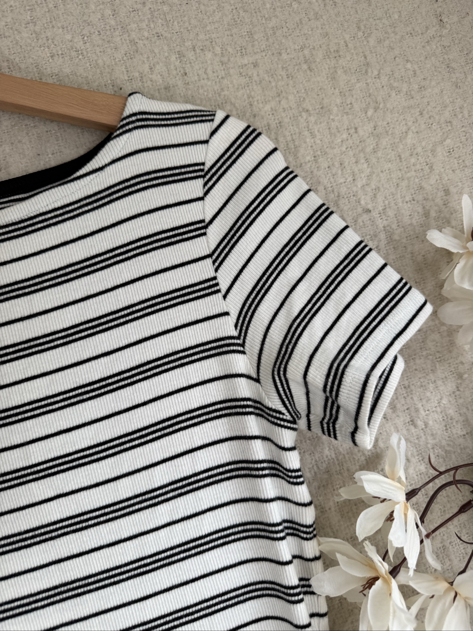 F&F Black & White Striped Ribbed Short Sleeve Top UK 10 Casual Chic Style image 3