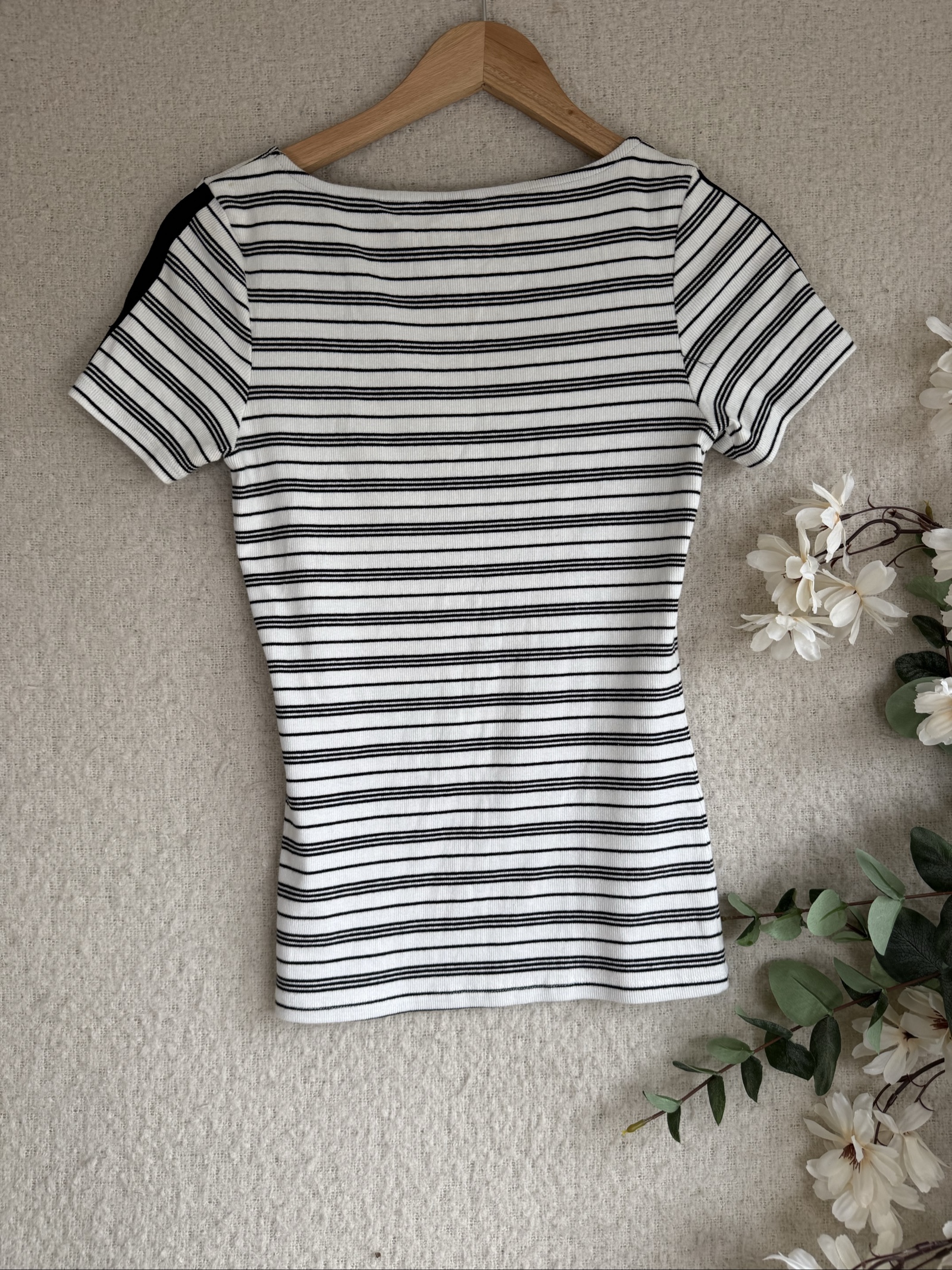 F&F Black & White Striped Ribbed Short Sleeve Top UK 10 Casual Chic Style image 4