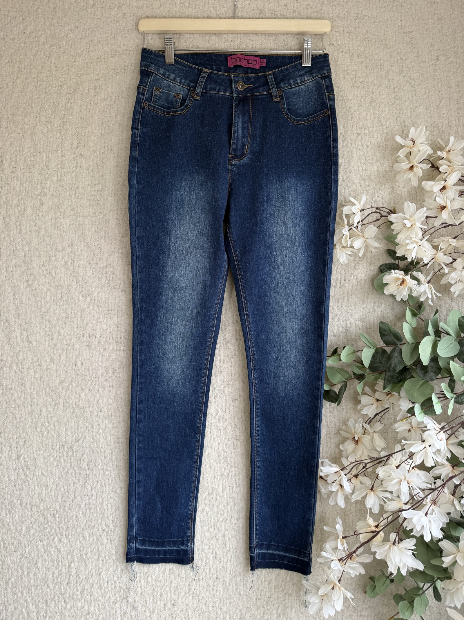 Boohoo Blue Denim Skinny Jeans UK 10 High Waist Stretch Casual Fashion