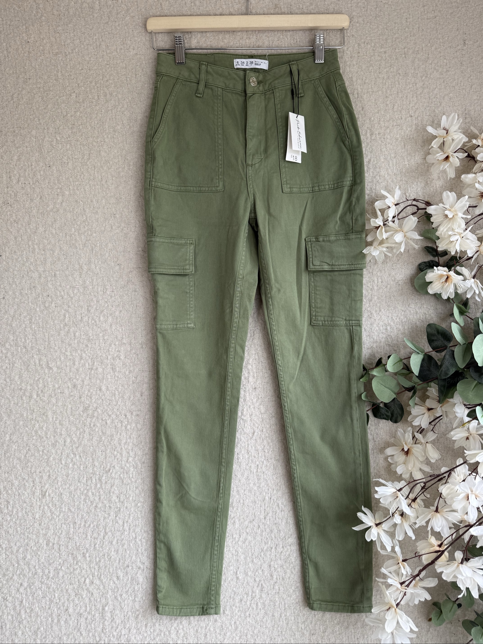 Denim Co Olive Green Cargo Trousers UK 6 Slim Fit Stylish Pocket Detail