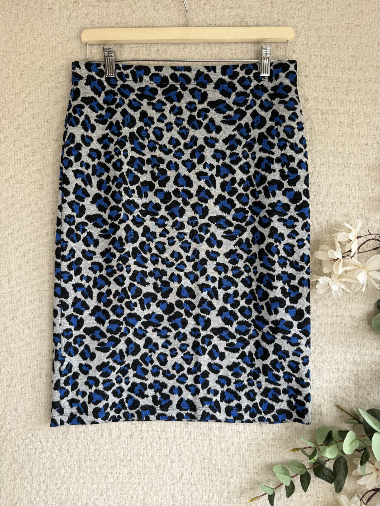 Tu Blue & Black Leopard Print Pencil Skirt UK 10 Stylish Patterned Midi Skirt