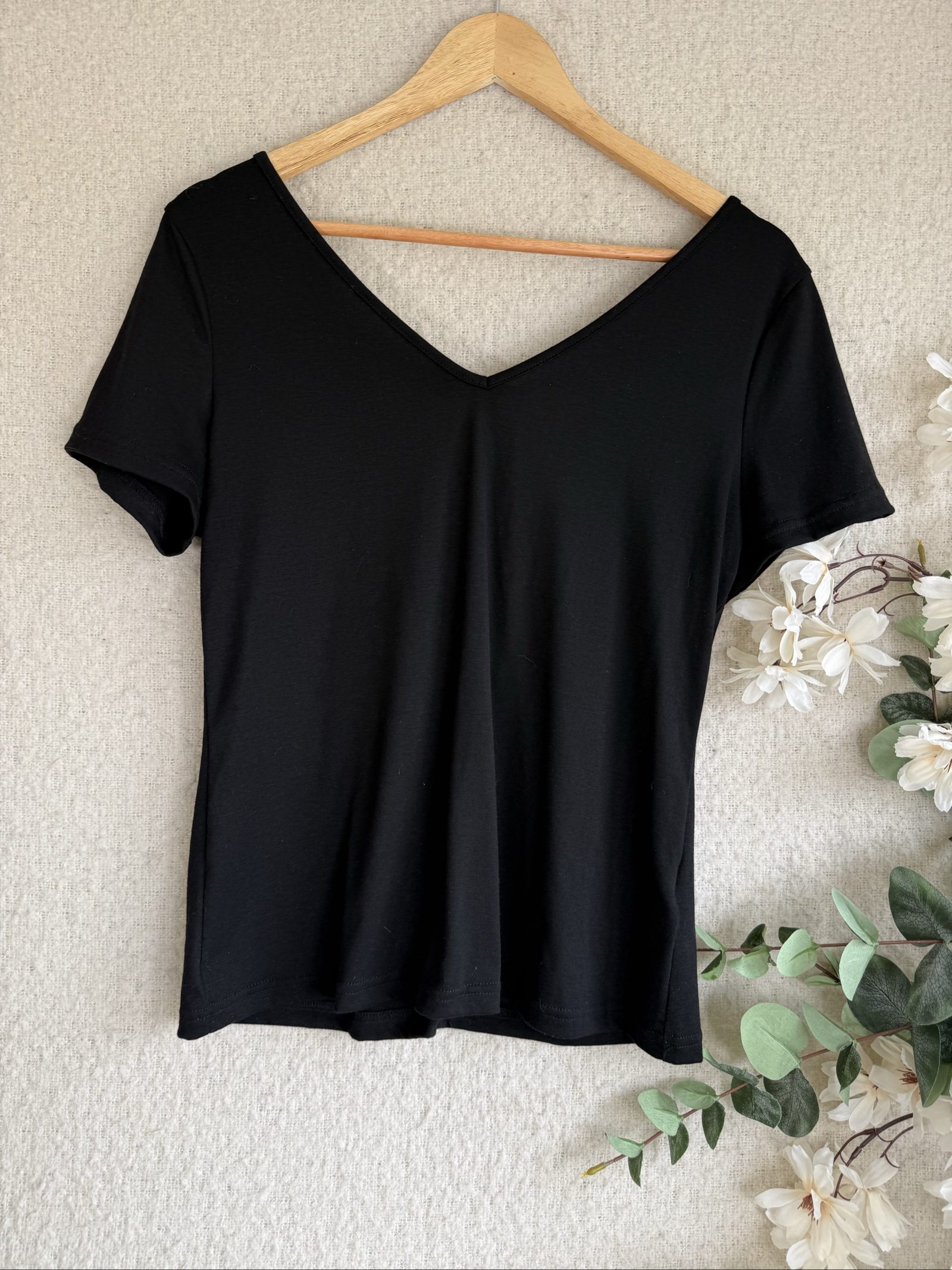 SHEIN Black V Neck Tie Back Top UK 12 Soft Stretch Fabric Casual
