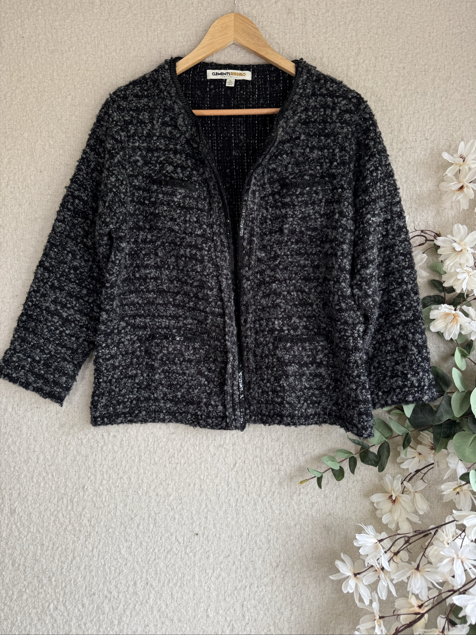 Clements Ribeiro Black & Grey Textured Tweed Cardigan Jacket UK 16 Stylish