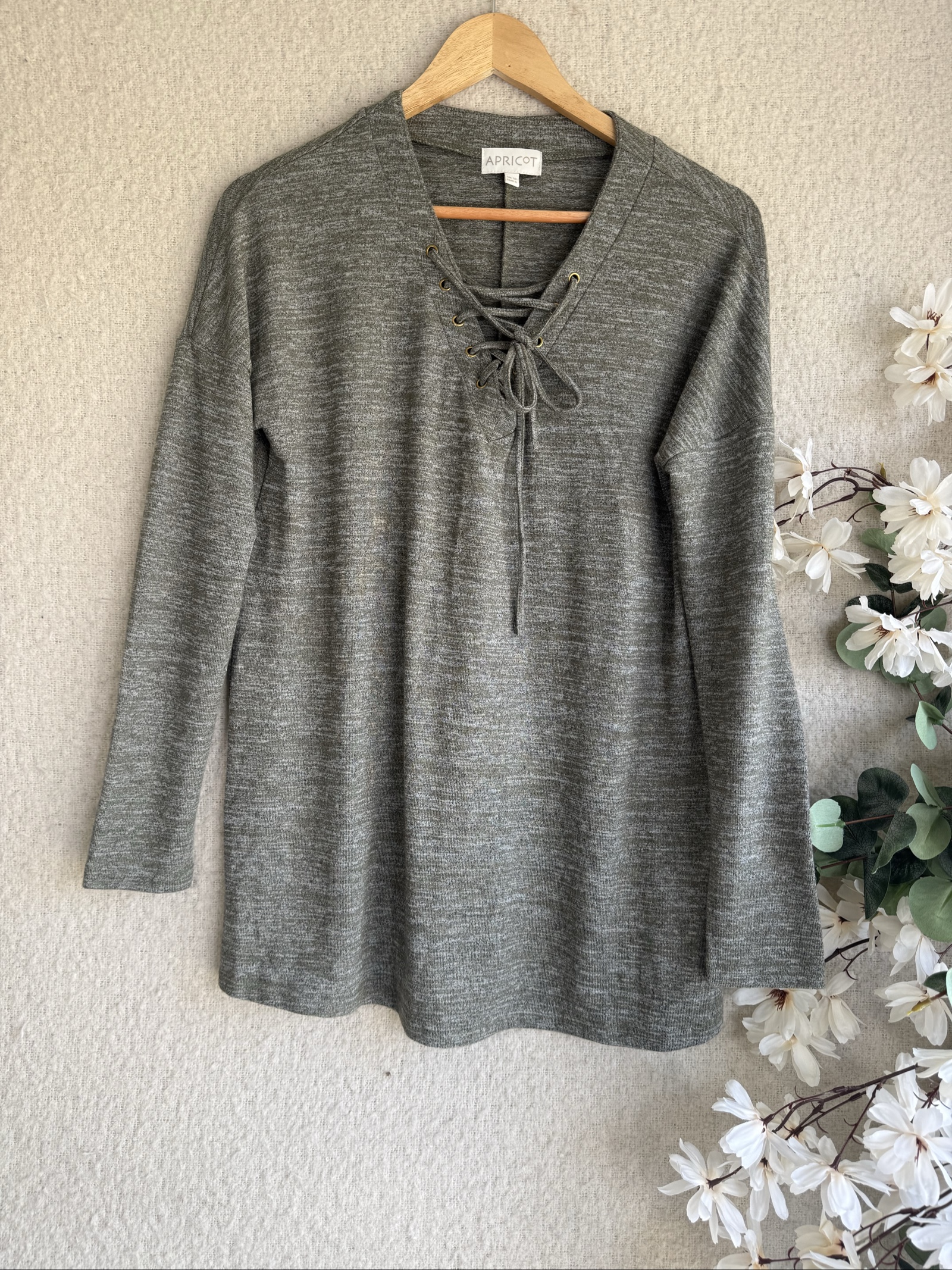 Apricot Grey Lace-Up Knit Jumper Top UK 10 Casual Soft Lightweight