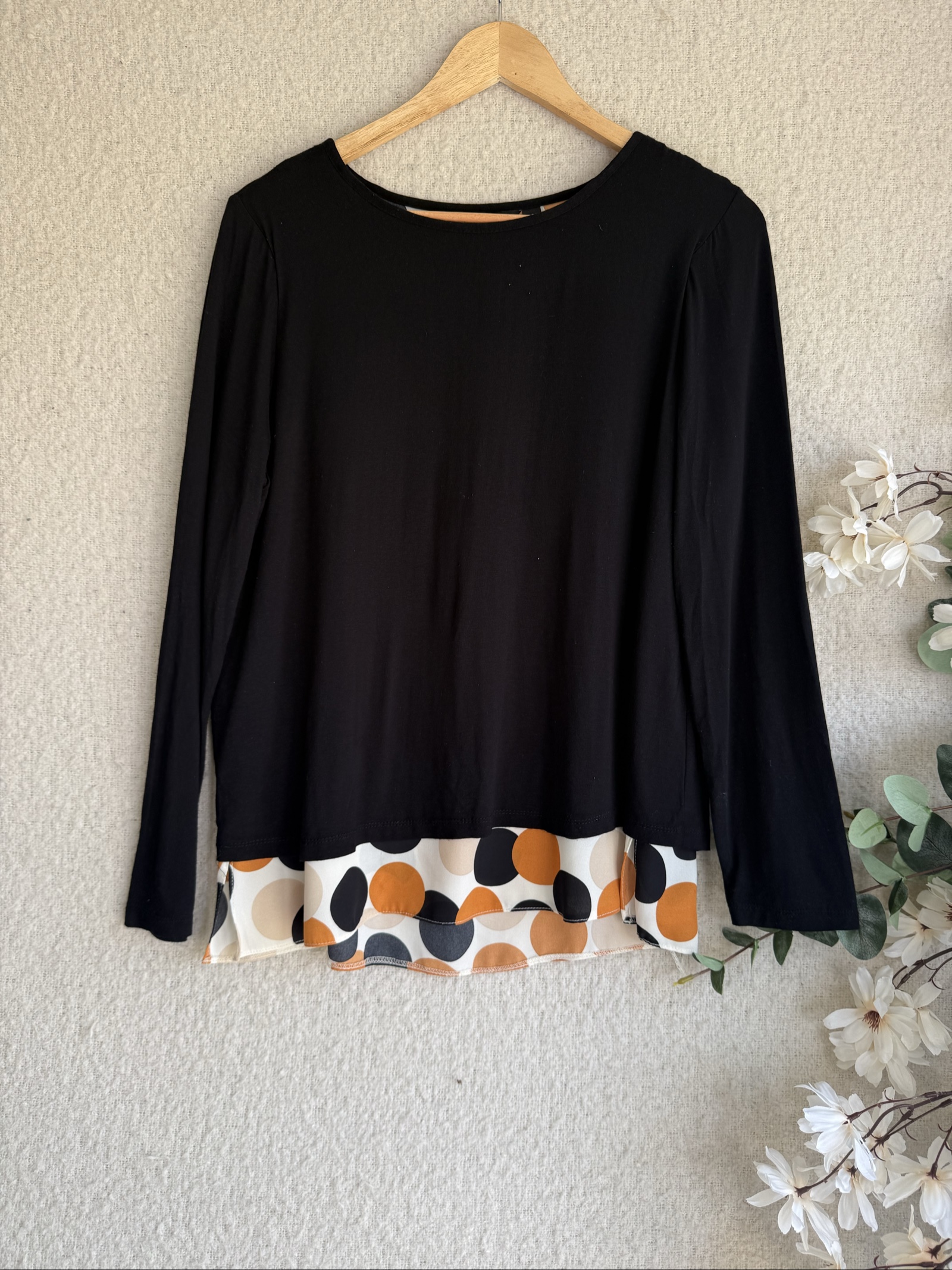Dorothy Perkins Black Long Sleeve Top UK 14 Polka Dot Hem Detail