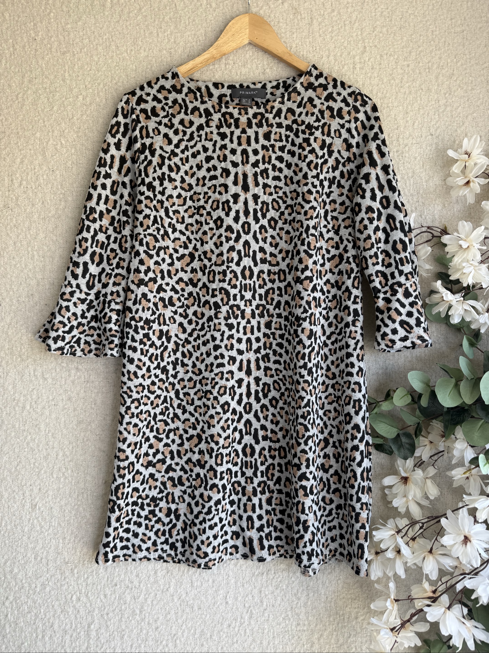 Primark Leopard Print Knit Tunic Dress UK 14 Beige Black Grey Casual