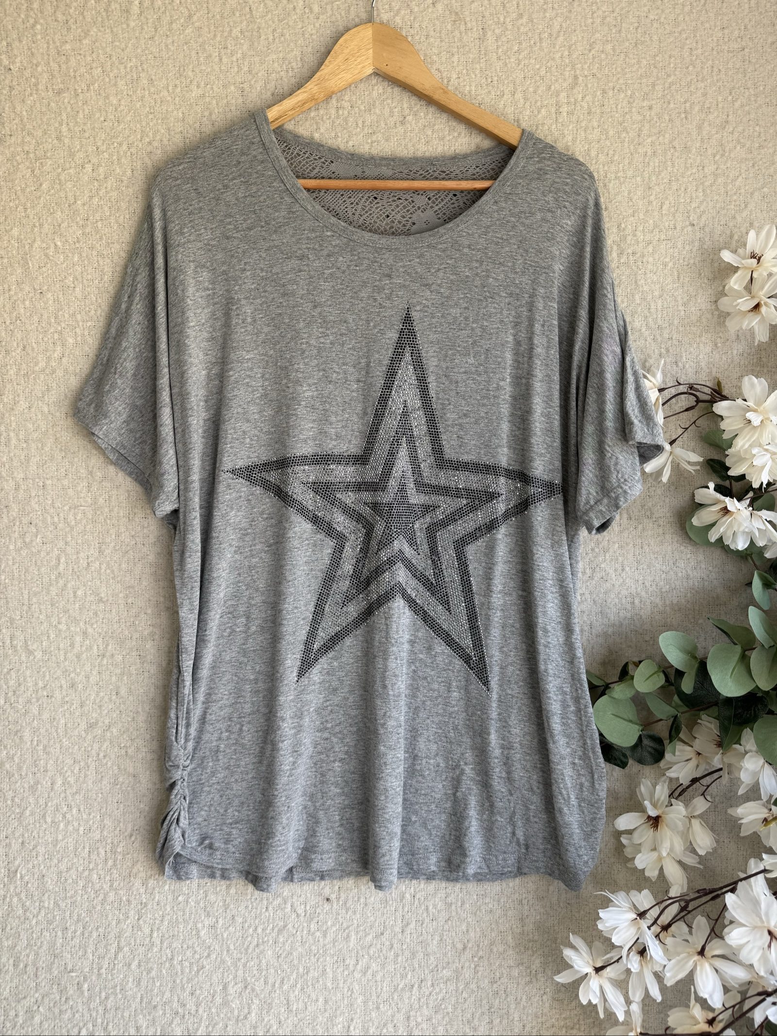 Grey Embellished Star Crochet Back Oversized Casual T-Shirt UK 14-16