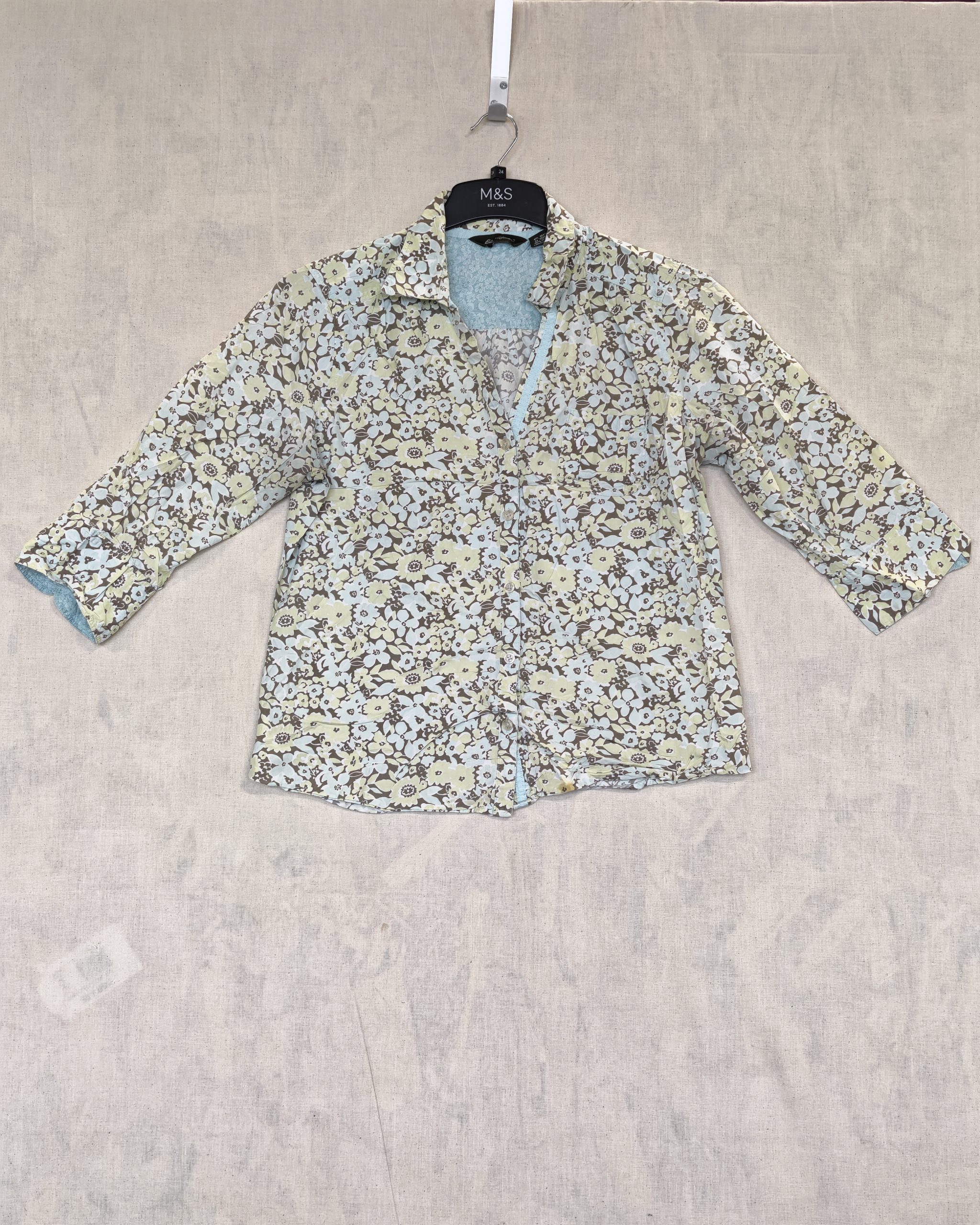 Eddie Bauer Floral Cotton Shirt Medium Beige Blue