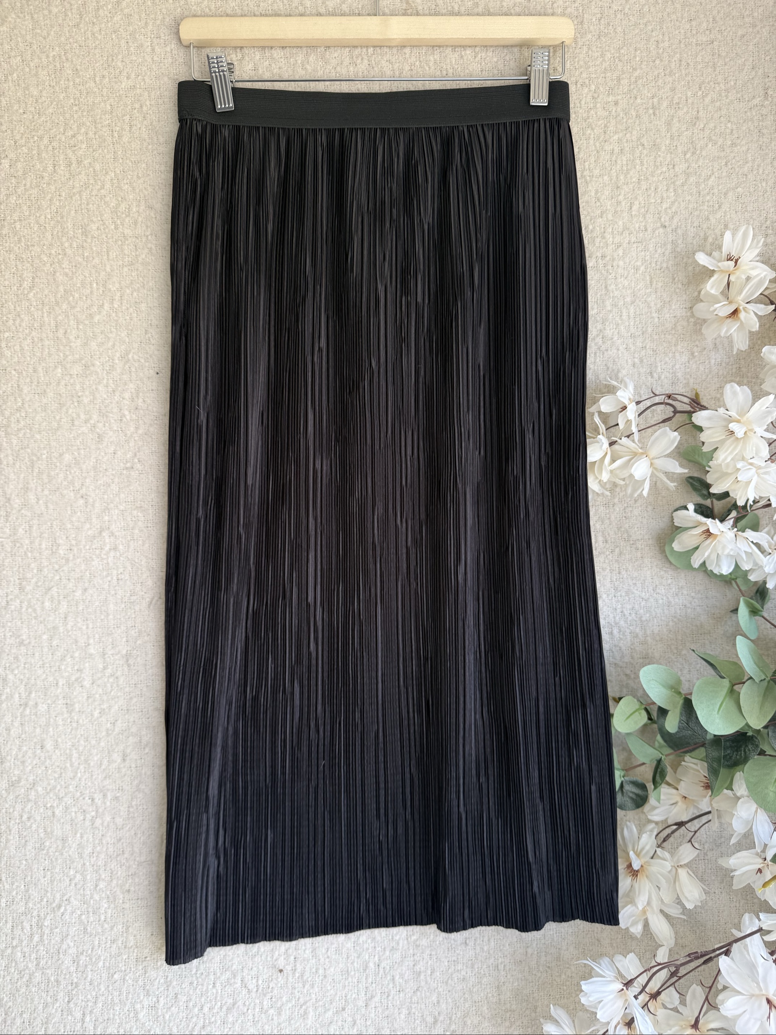 Papaya Black Pleated Midi Skirt UK 12 Elastic Waistband Chic Versatile