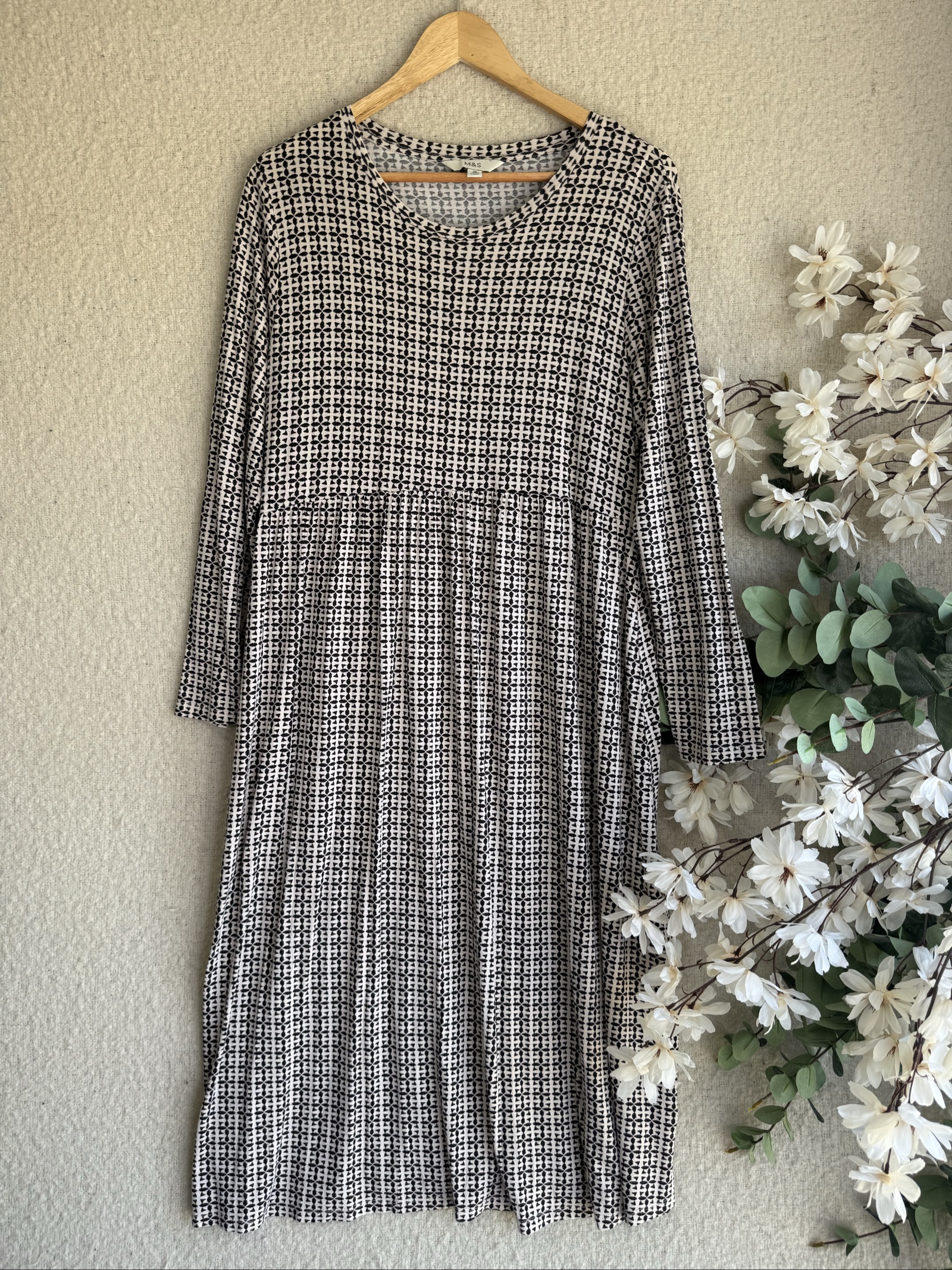 M&S Ecru Mix Patterned Long Sleeve Midi Dress UK 18 Regular Fit Casual