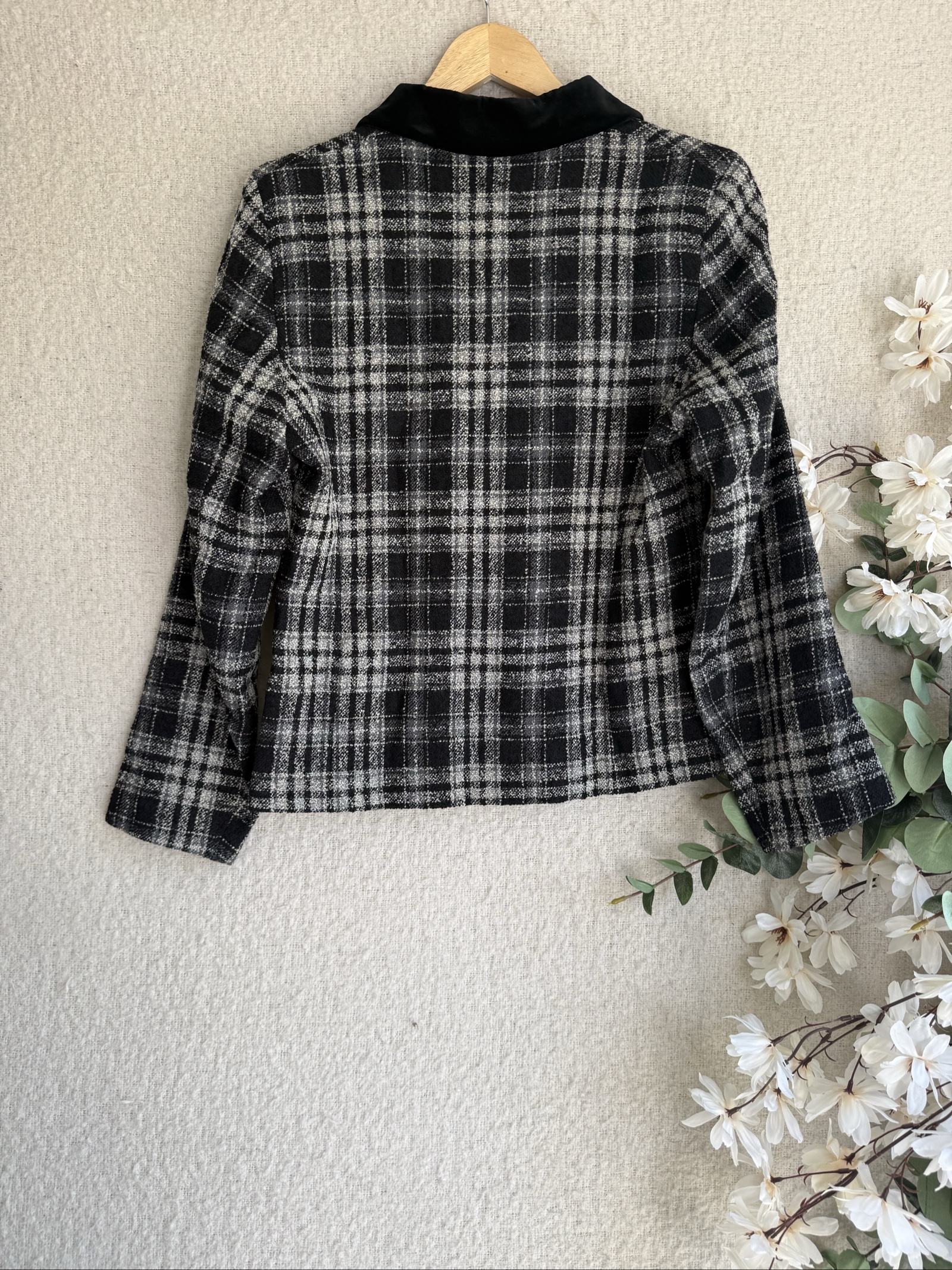 Marks & Spencer Black & White Checked Wool Blend Cropped Jacket UK 10 image 5